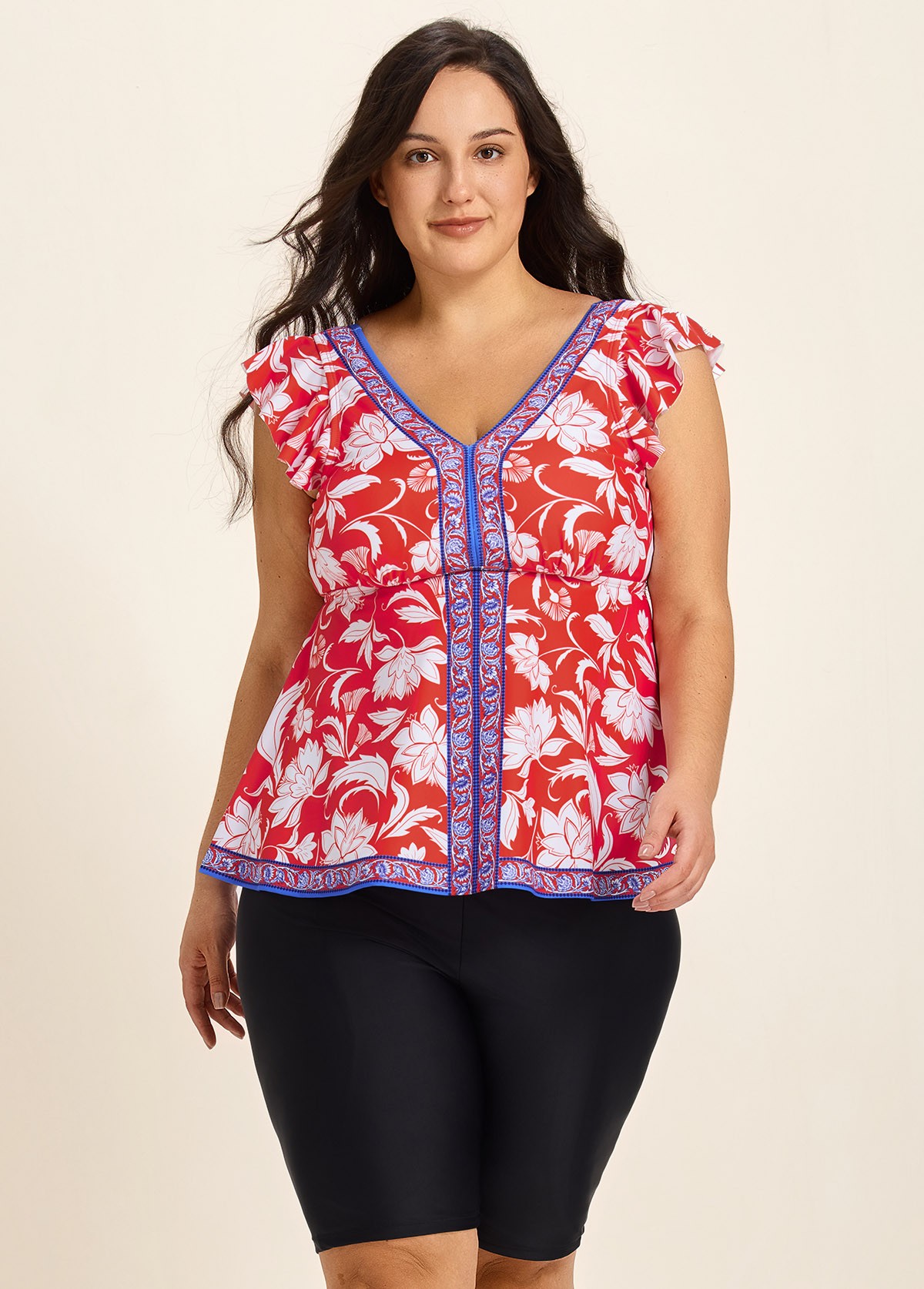 Red Floral V Neck Cap Sleeves Vintage Padded Ruffle Curvy Women's Swimsuit Tankini Top