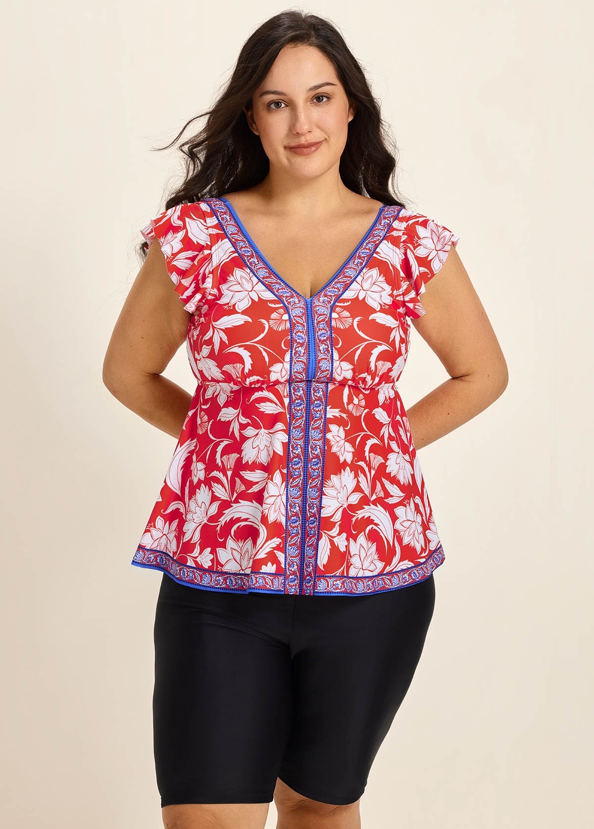 Red Floral V Neck Cap Sleeves Vintage Padded Ruffle Curvy Women's Swimsuit Tankini Top