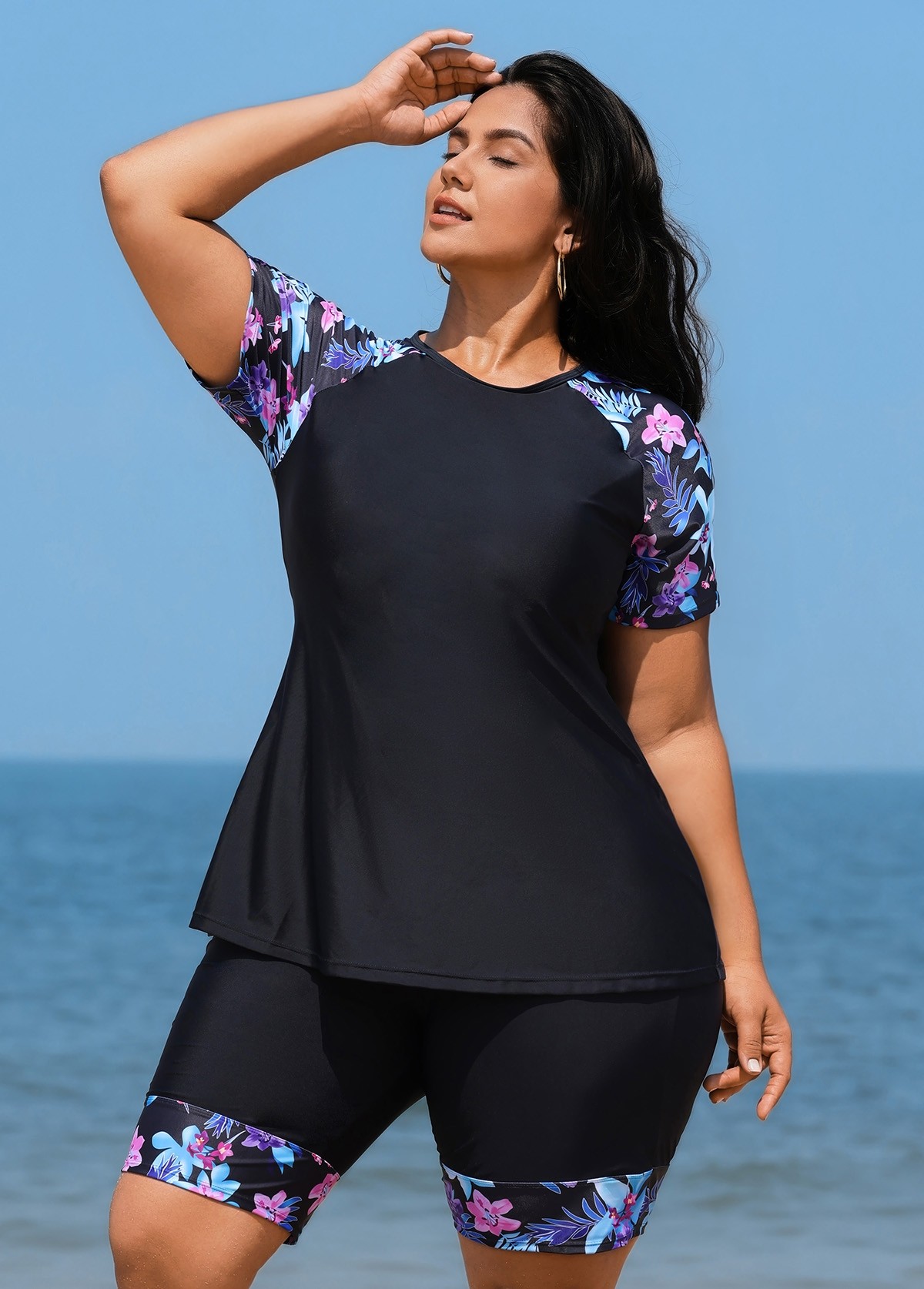 Black Floral Pullover Short Sleeve Fashion Casual Tankini Set