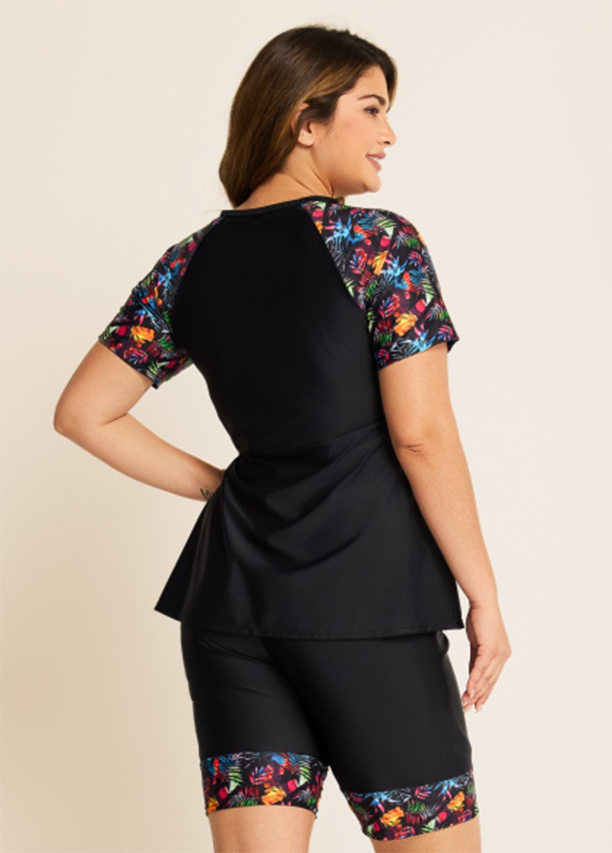 Black Plants Pullover Short Sleeve Modest Plus Size Fashion Casual Tankini Set