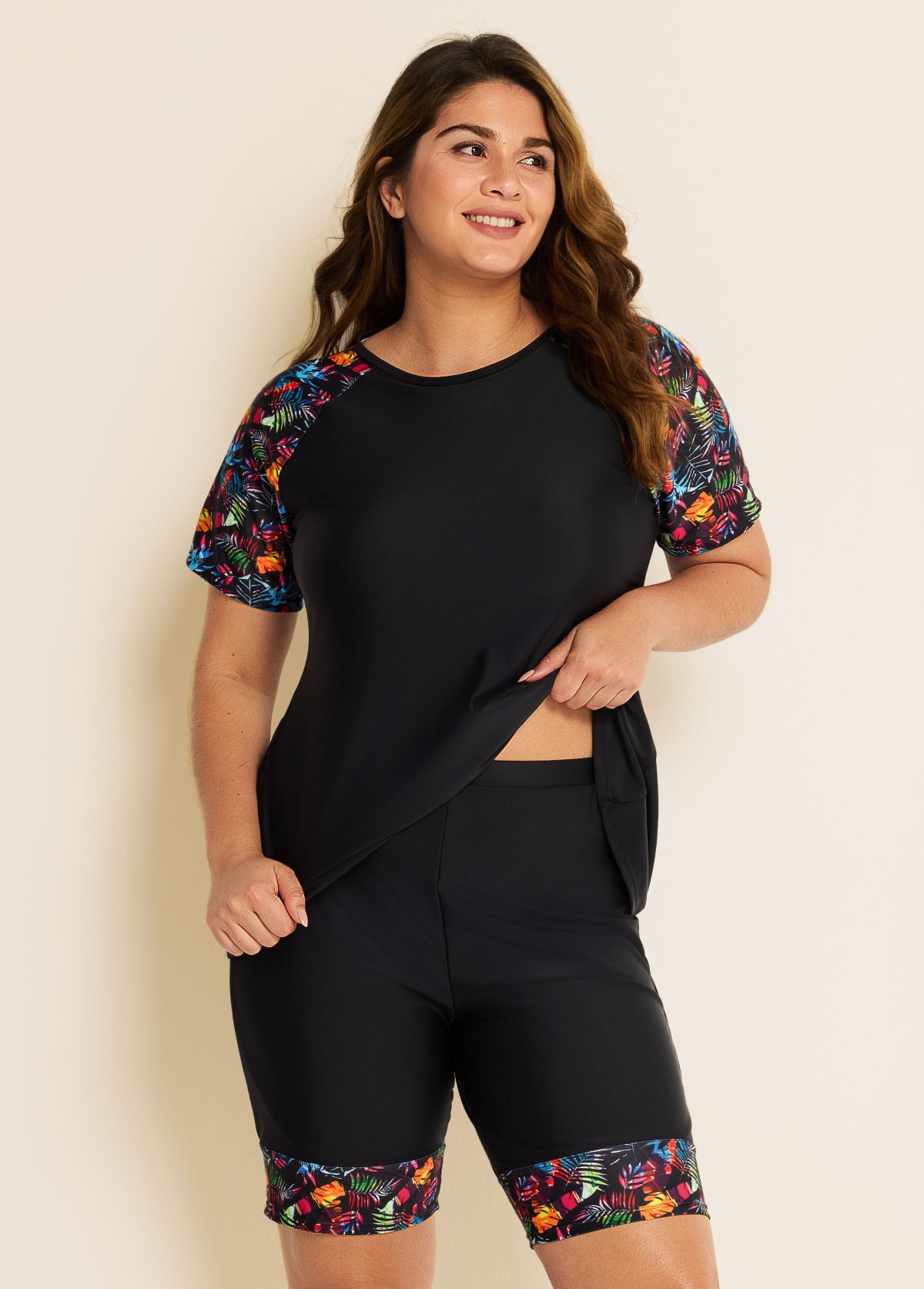 Black Plants Pullover Short Sleeve Modest Plus Size Fashion Casual Tankini Set