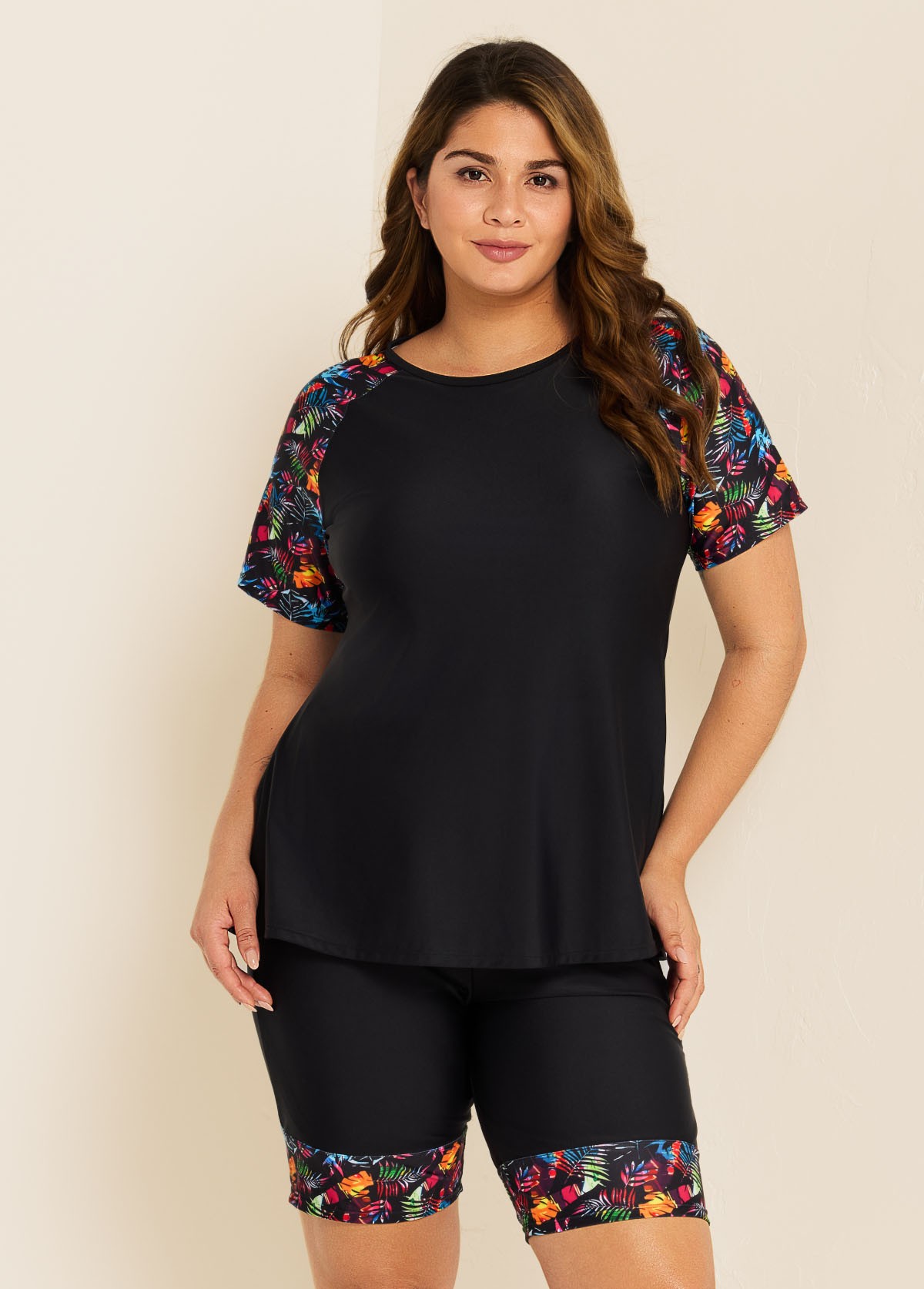 Black Plants Pullover Short Sleeve Modest Plus Size Fashion Casual Tankini Set