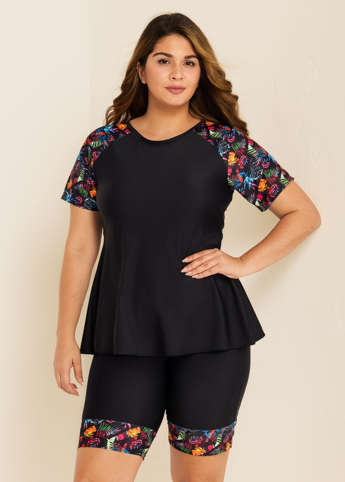 Black Plants Pullover Short Sleeve Modest Plus Size Fashion Casual Tankini Set