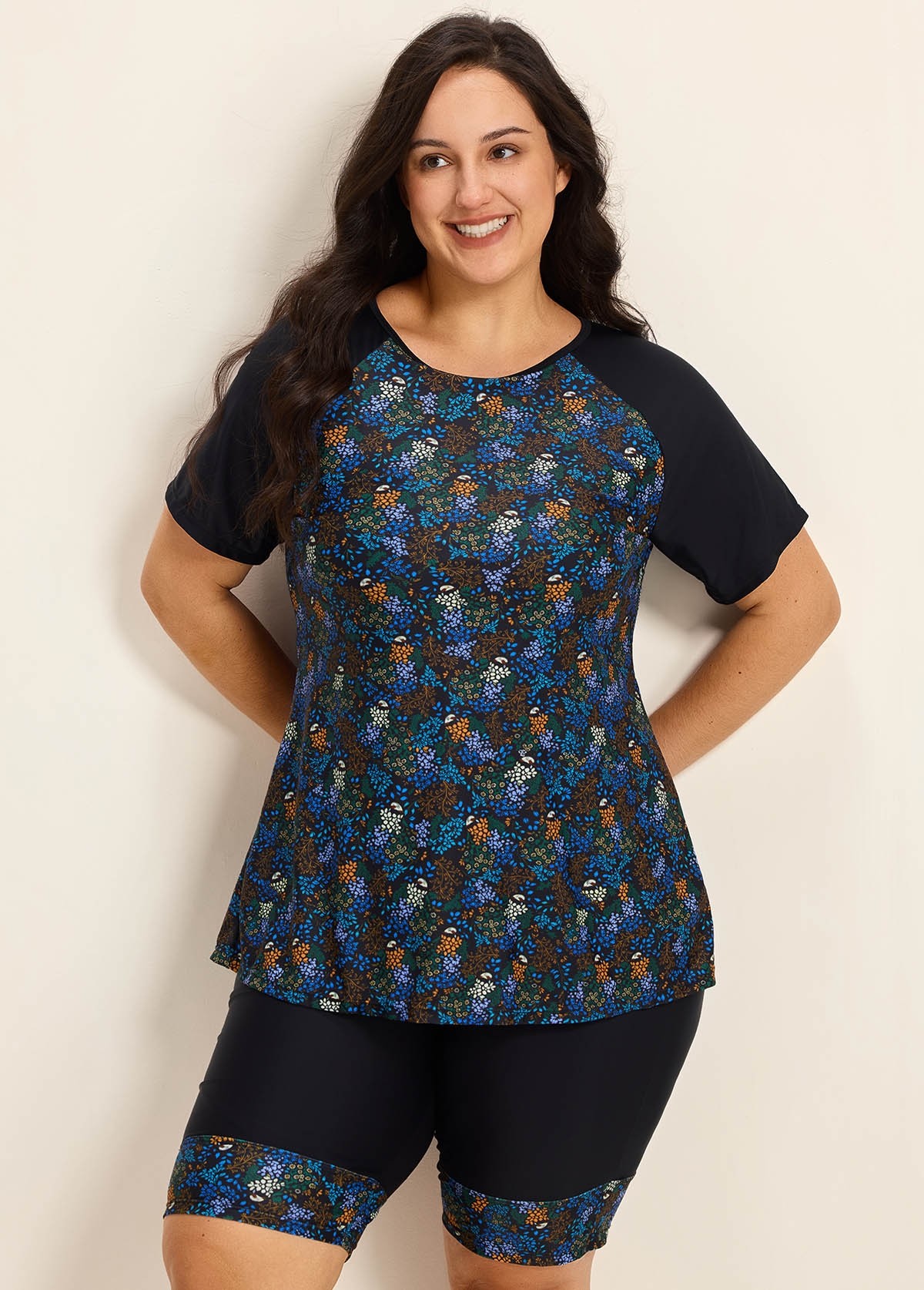 Black Floral Upf50+ Short Sleeves Vintage Curvy Women's Swimsuit Shirt Two Piece Tankini Set