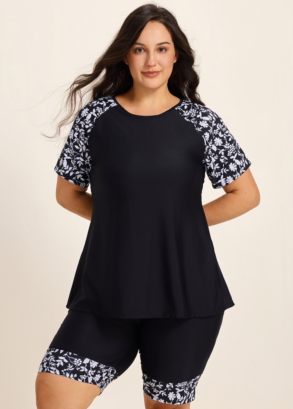 Plus Size Black Floral High Neck Upf50+ Short Sleeves Swimsuit Shirt Two Piece Tankini Set