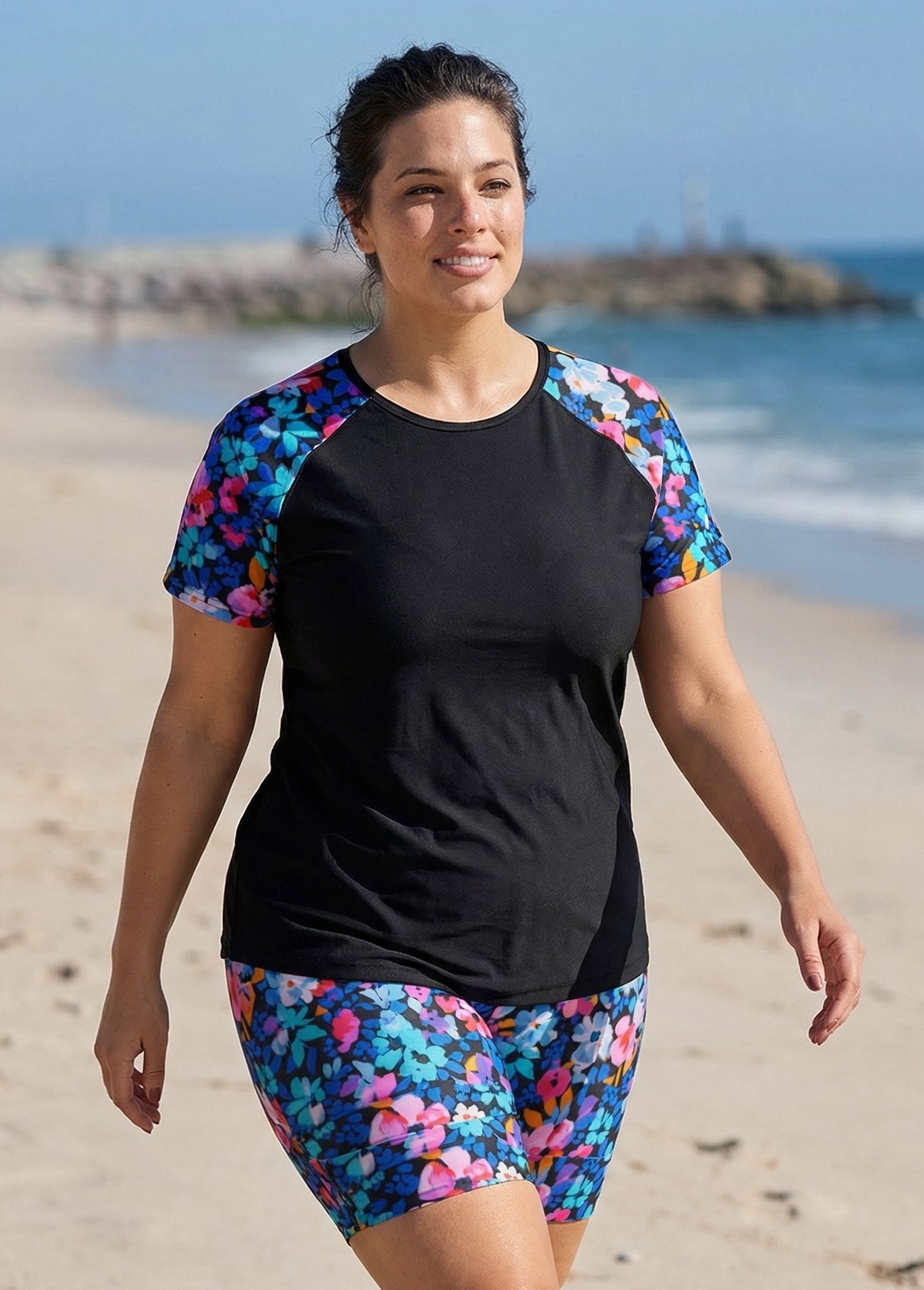 Curvy Pink Floral High Neck Upf50+ Short Sleeves Swimsuit Shirt Two Piece Tankini Set