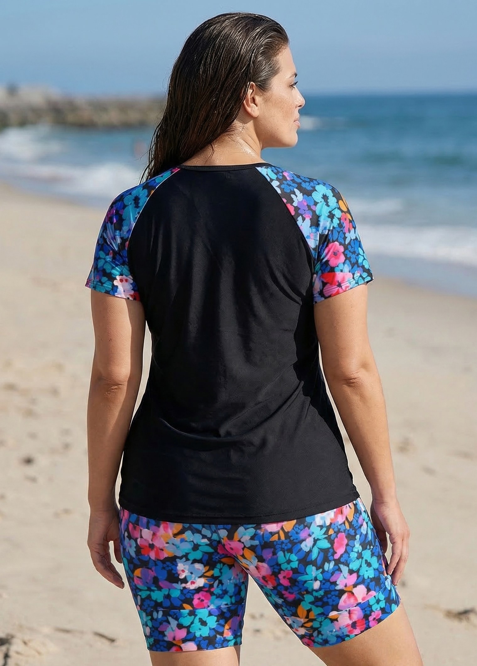 Curvy Pink Floral High Neck Upf50+ Short Sleeves Swimsuit Shirt Two Piece Tankini Set