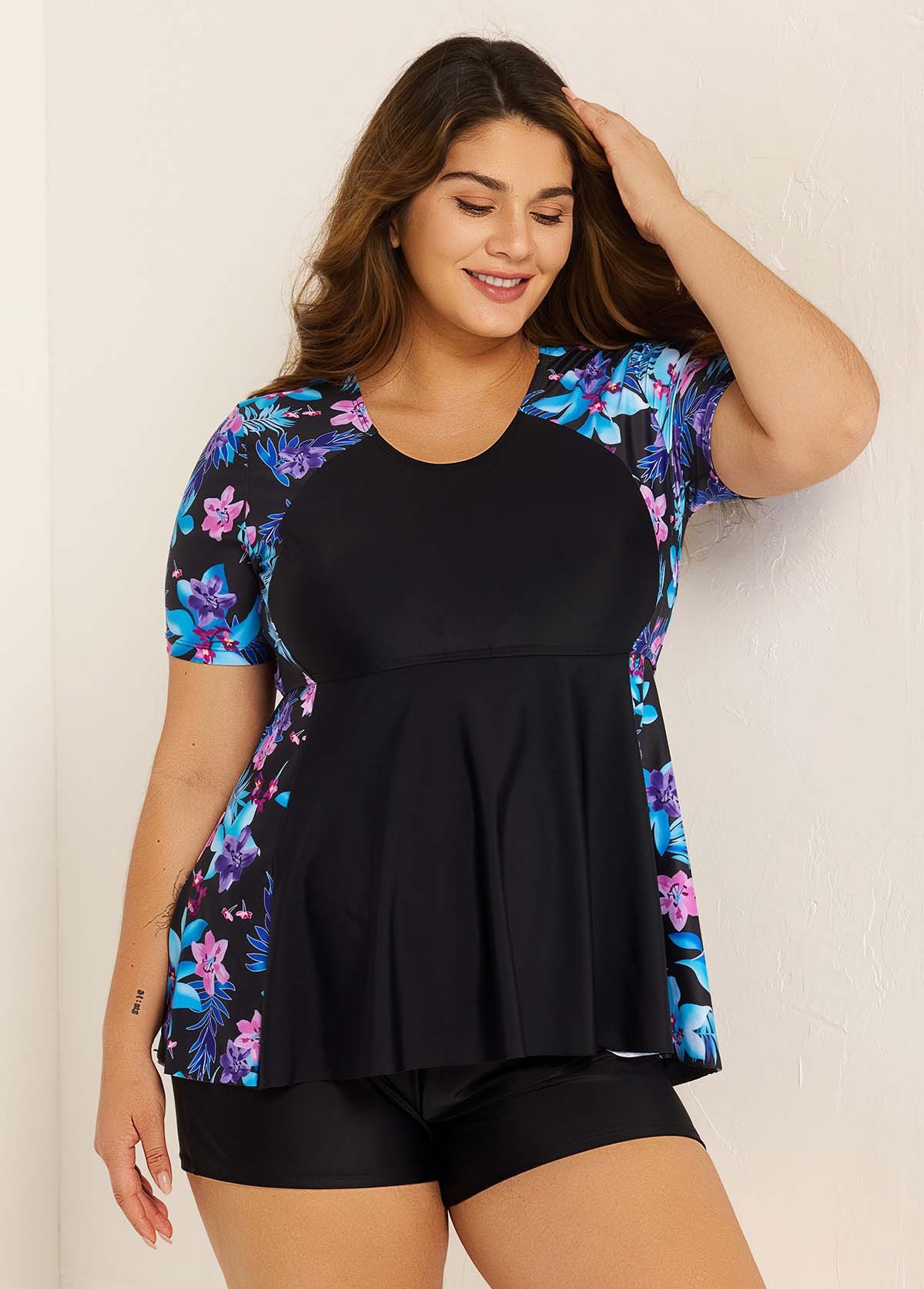 Black Floral Raglan Short Sleeve Waist Shaping Tankini Top