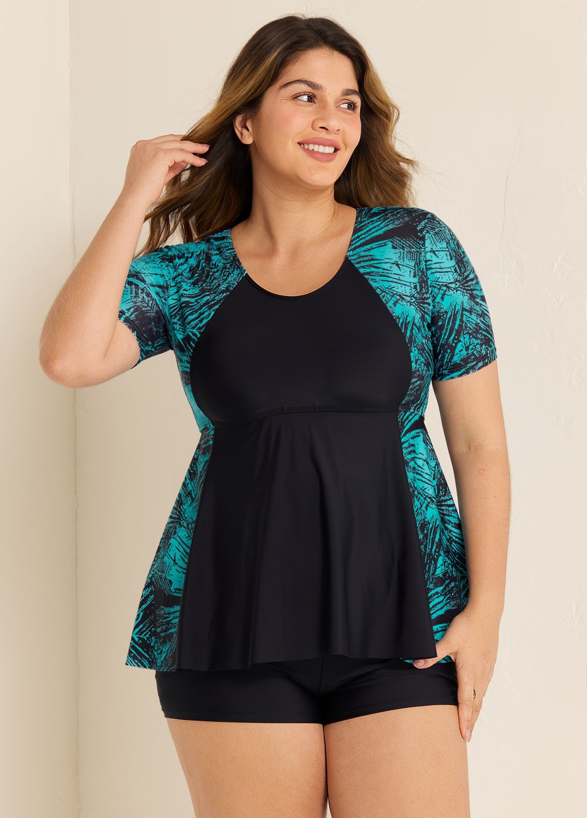 Curvy Green Leaf Print Short Sleeve Swimsuit And Swimwear Tankini Top