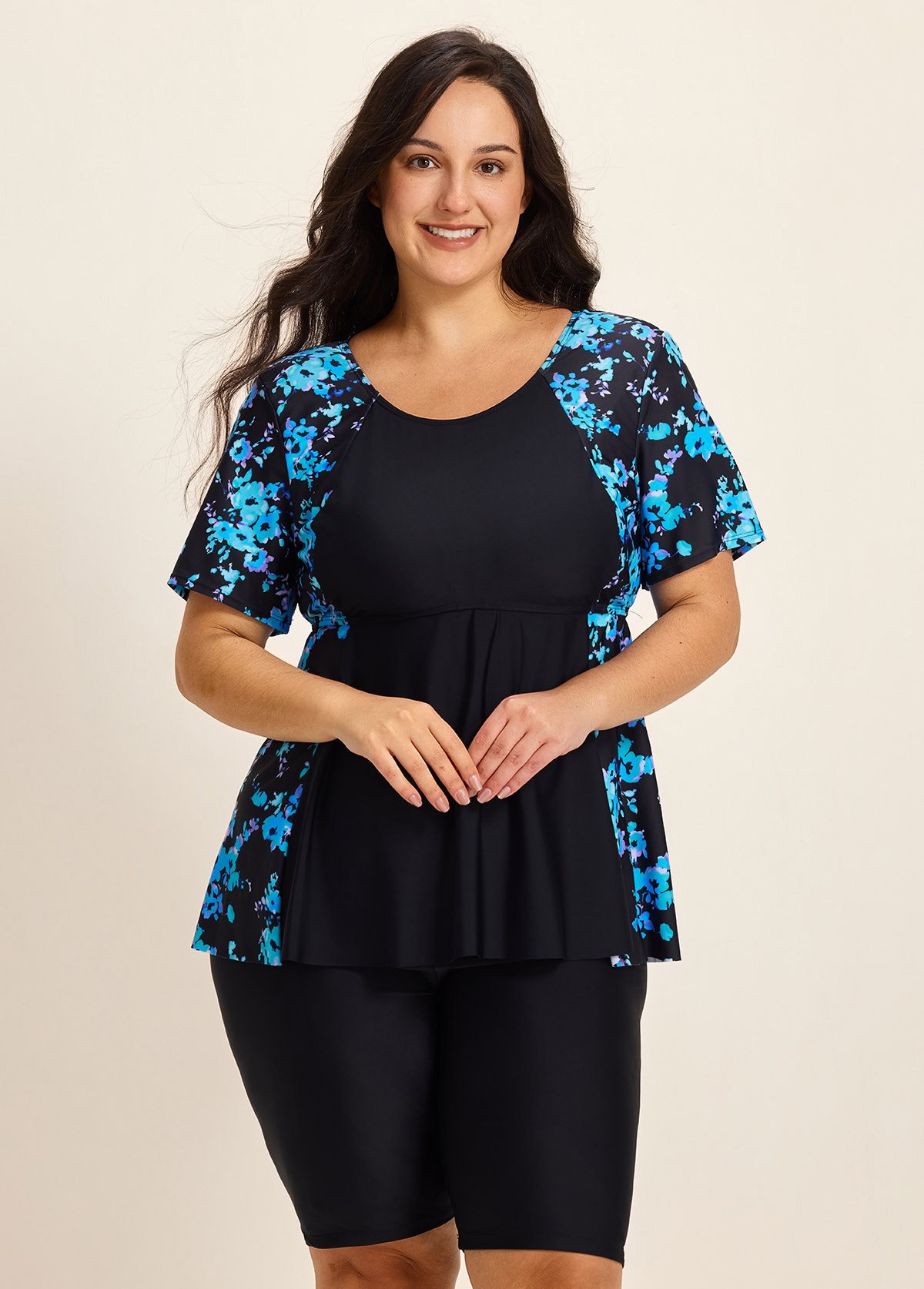 Plus Size Blue Floral Upf50+ Short Sleeves Modest Women's Swimsuit Shirt Tankini Top