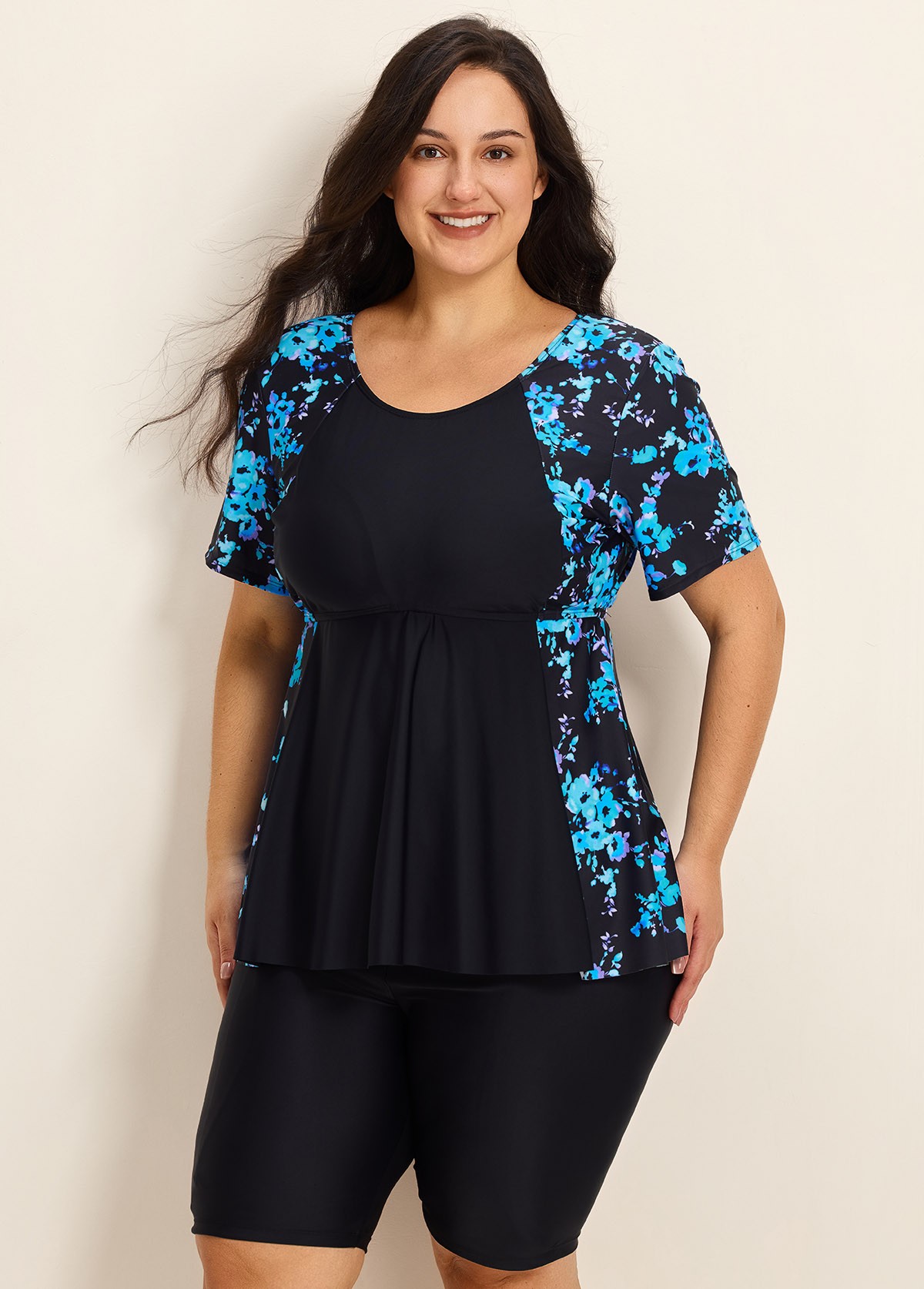 Plus Size Blue Floral Upf50+ Short Sleeves Modest Women's Swimsuit Shirt Tankini Top