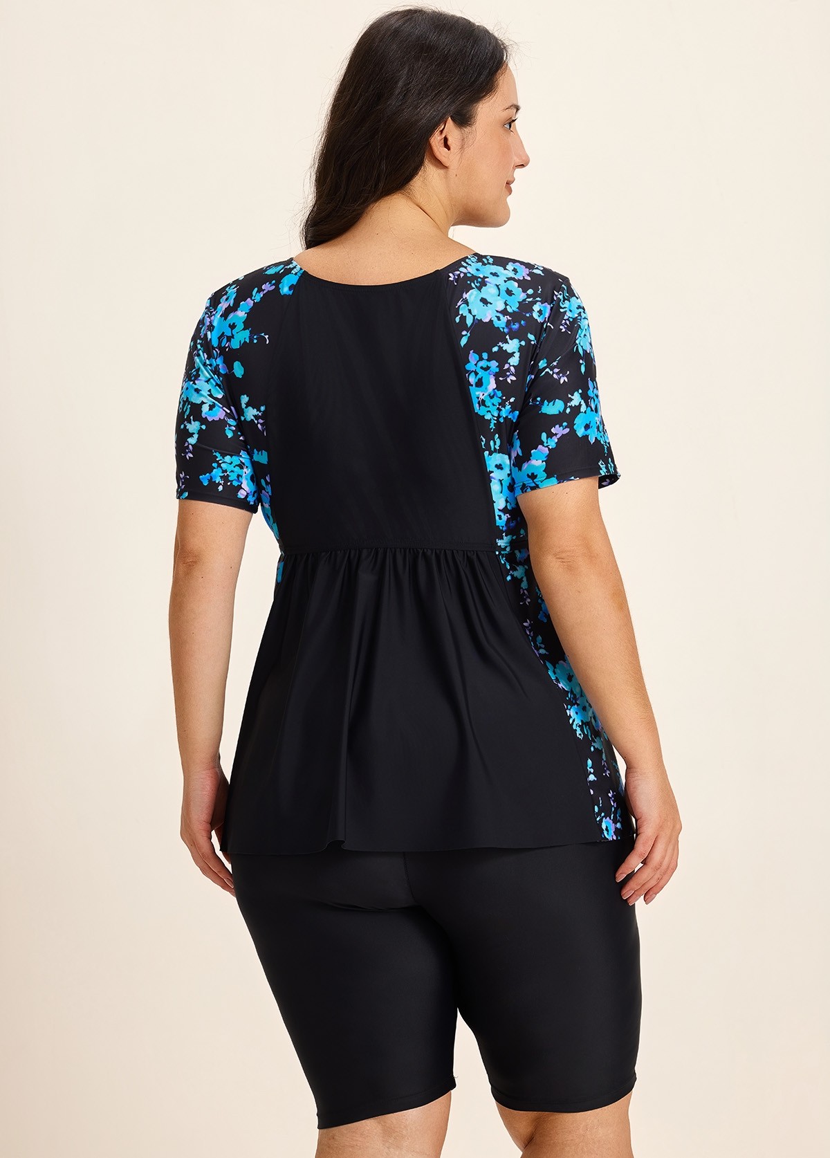 Plus Size Blue Floral Upf50+ Short Sleeves Modest Women's Swimsuit Shirt Tankini Top