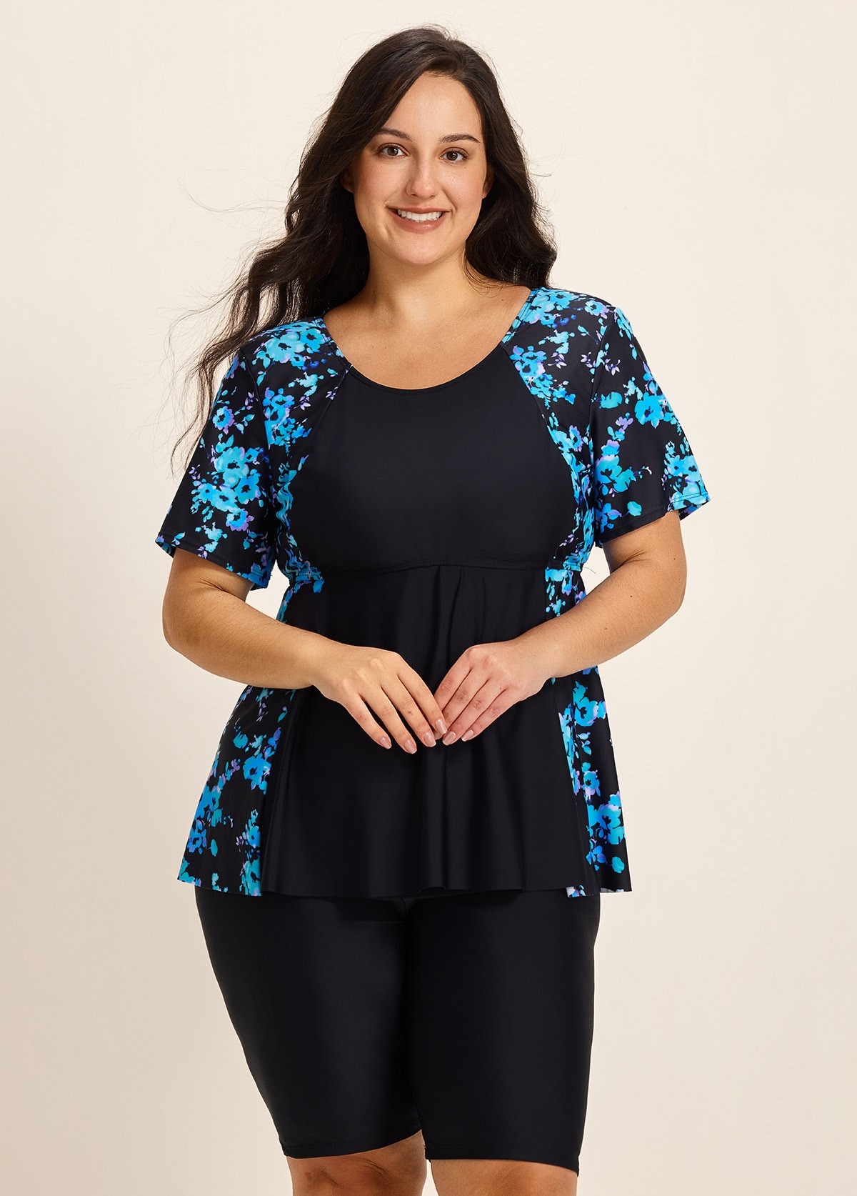 Plus Size Blue Floral Upf50+ Short Sleeves Modest Women's Swimsuit Shirt Tankini Top