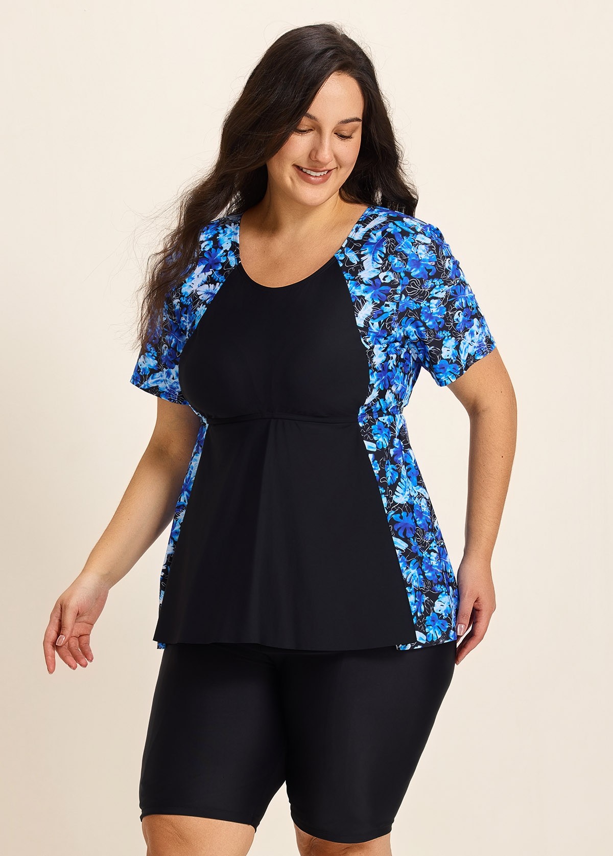 Curvy Blue Tropical Plants Upf50+ Short Sleeves Vintage Women's Swimsuit Shirt Tankini Top