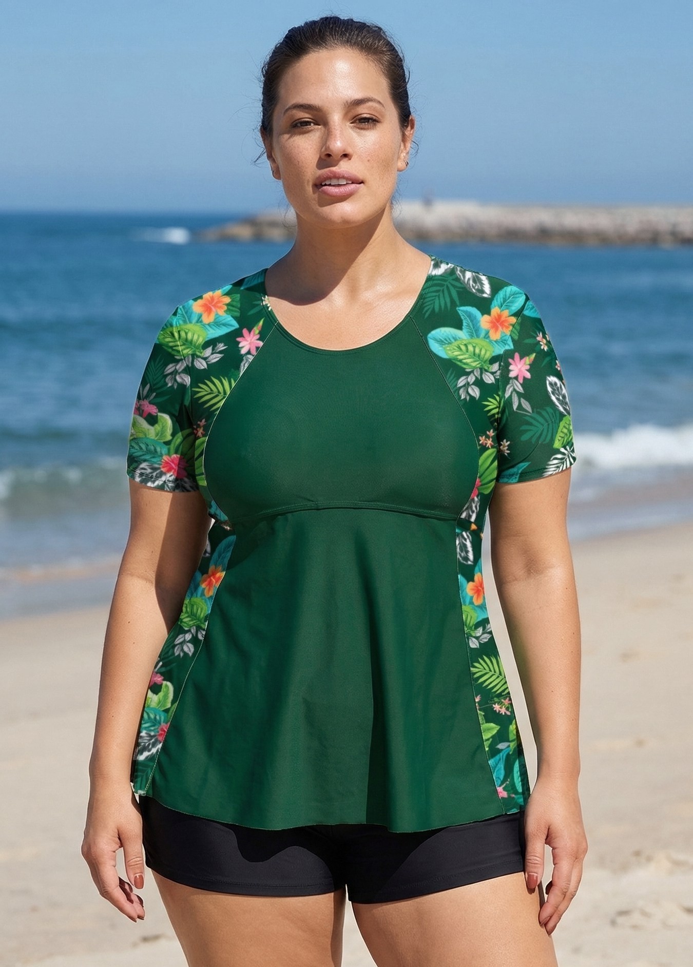 Plus Size Green Floral Upf50+ Short Sleeves Flattering Women's Swimsuit Tankini Top