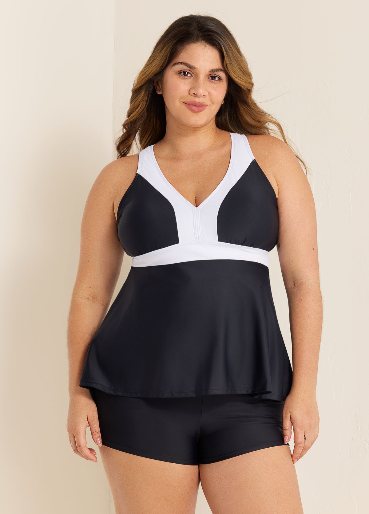 Black And White V Neck Ruffle Fashion Tankin Top