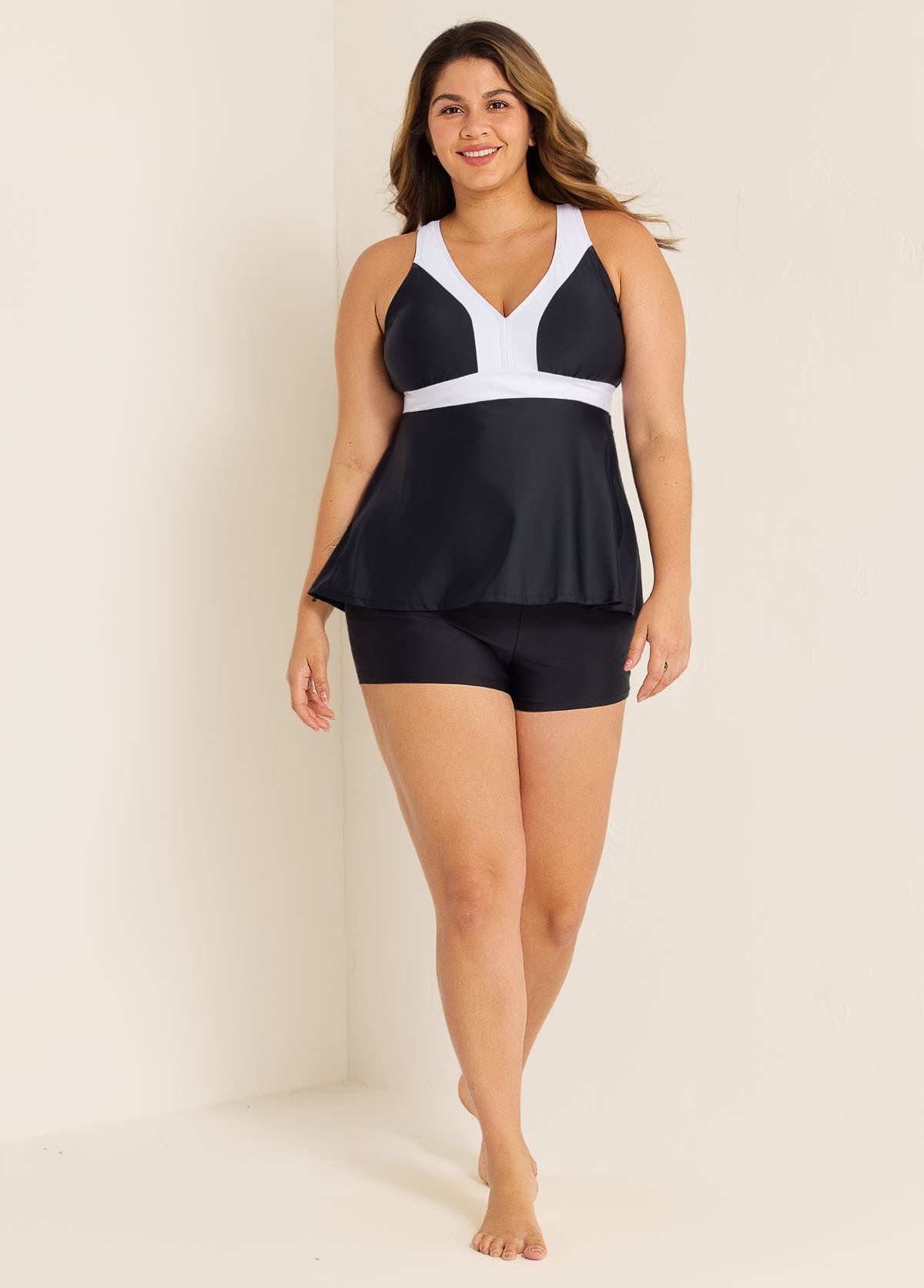 Black And White V Neck Ruffle Fashion Tankin Top