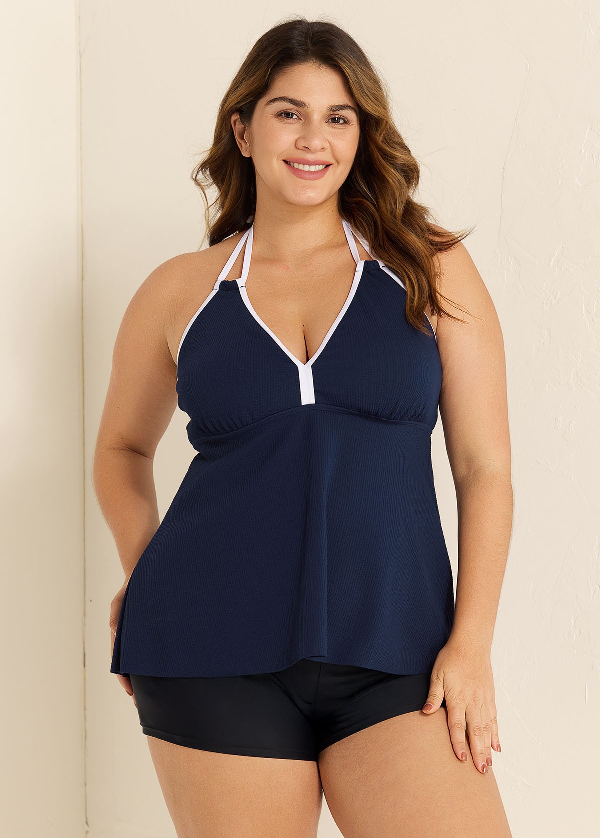 Navy And White V Neck Halter Plus Size Tankini Top