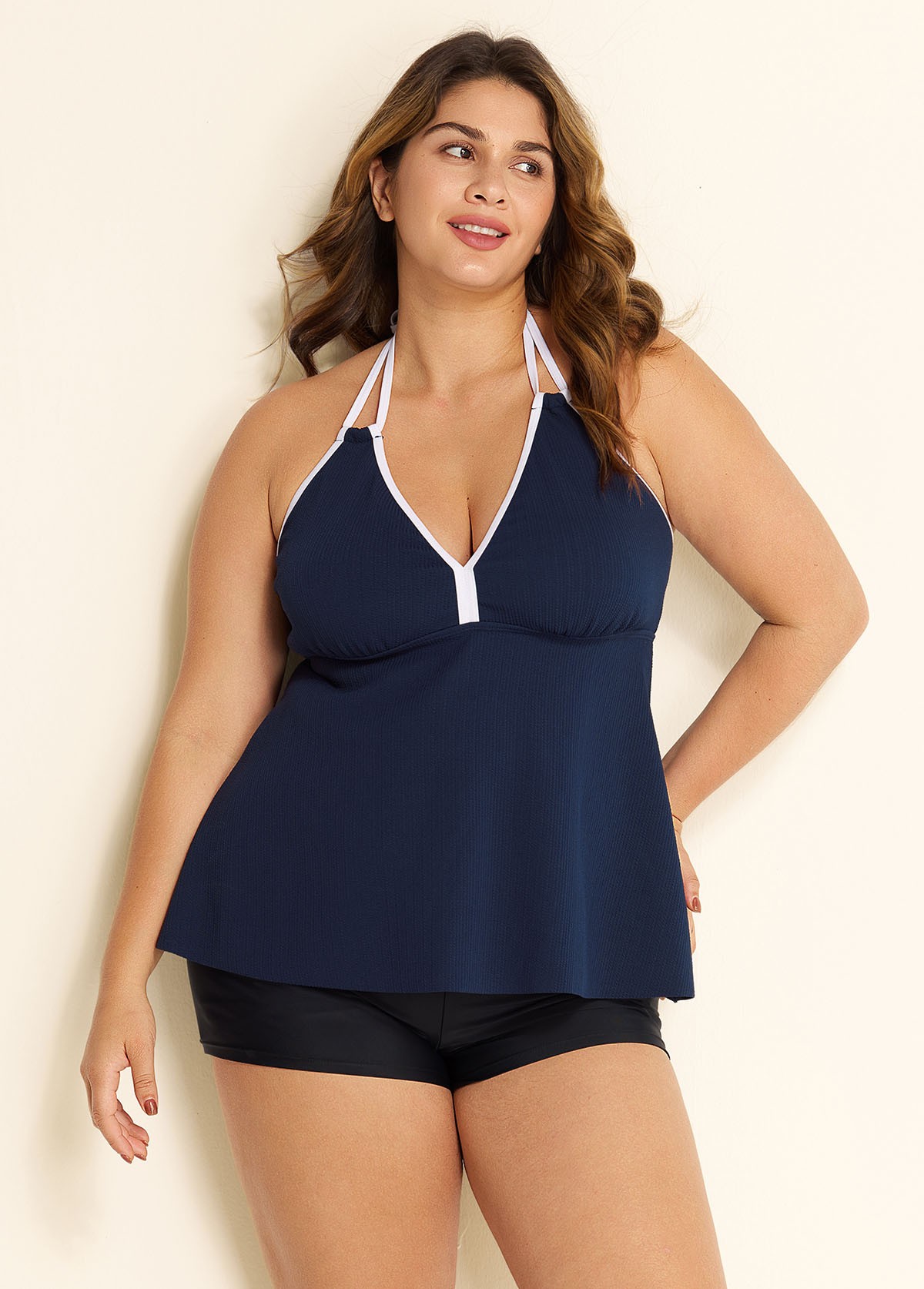 Navy And White V Neck Halter Plus Size Tankini Top