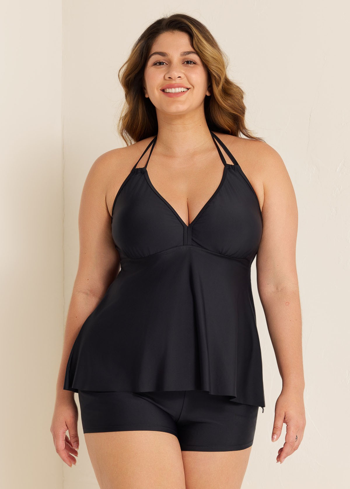 Black V-Neck Halter Plus Size Modest Tankini Swimsuit Top