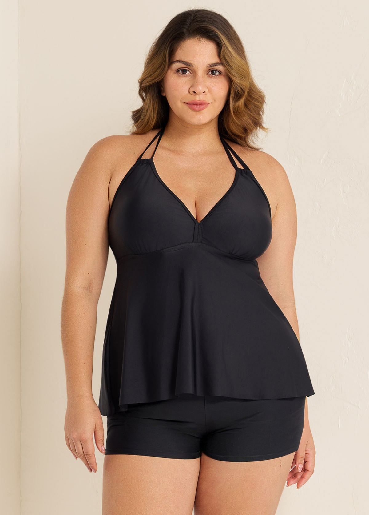Black V-Neck Halter Plus Size Modest Tankini Swimsuit Top