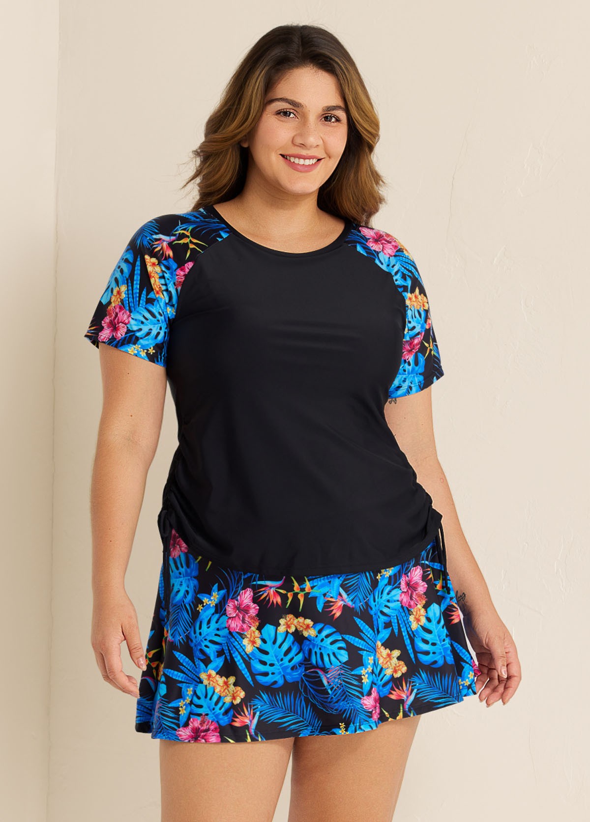 Black Floral Print Side Drawstring Plus Size Tankini Top