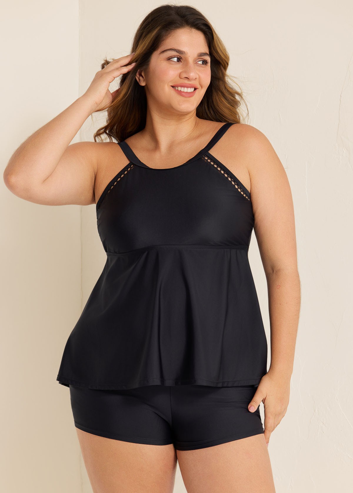 Black Scoop Neck Cutout Edge Plus Size Modest Tankini Swimsuit Top