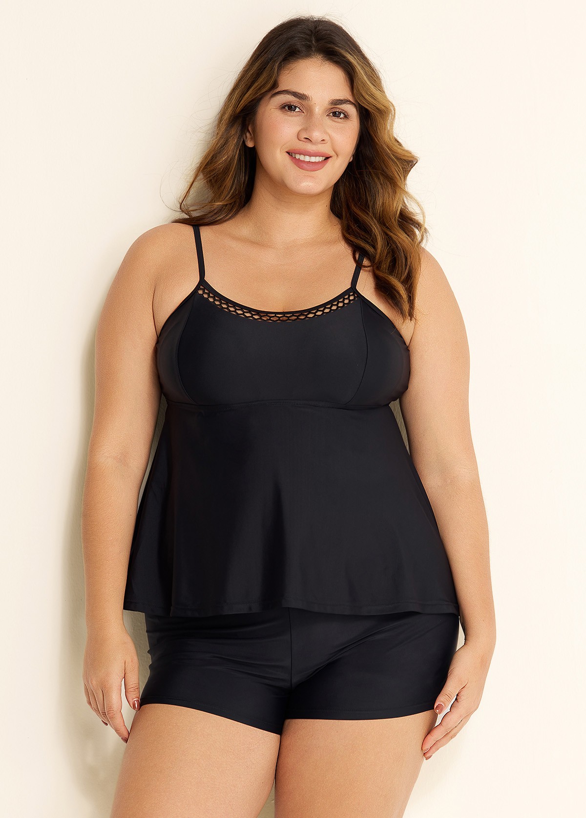 Black Cutout Edge Scoop Neck Plus Size Tankini Top