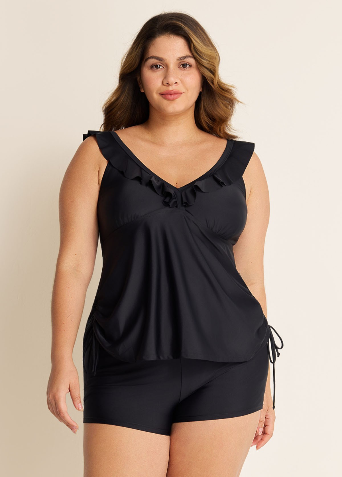 Black V Neck Plus Size Modest Ruffle Drawstring Tankini Swimsuit Top