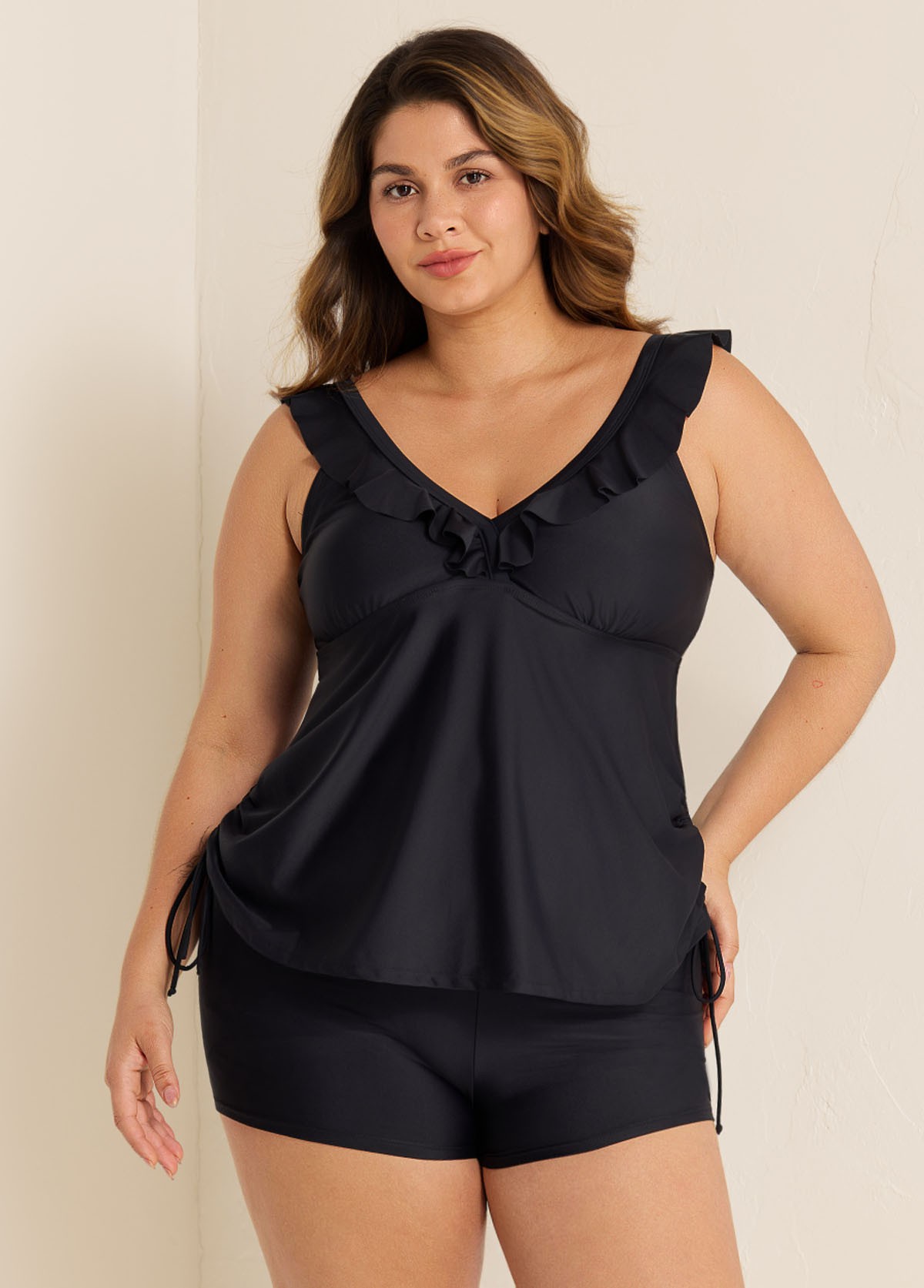Black V Neck Plus Size Modest Ruffle Drawstring Tankini Swimsuit Top