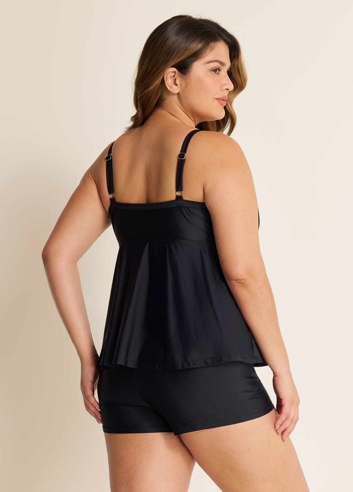 Black V-Neck Chest Mesh Plus Size Modest Fashion Tankini Swimsuit Top
