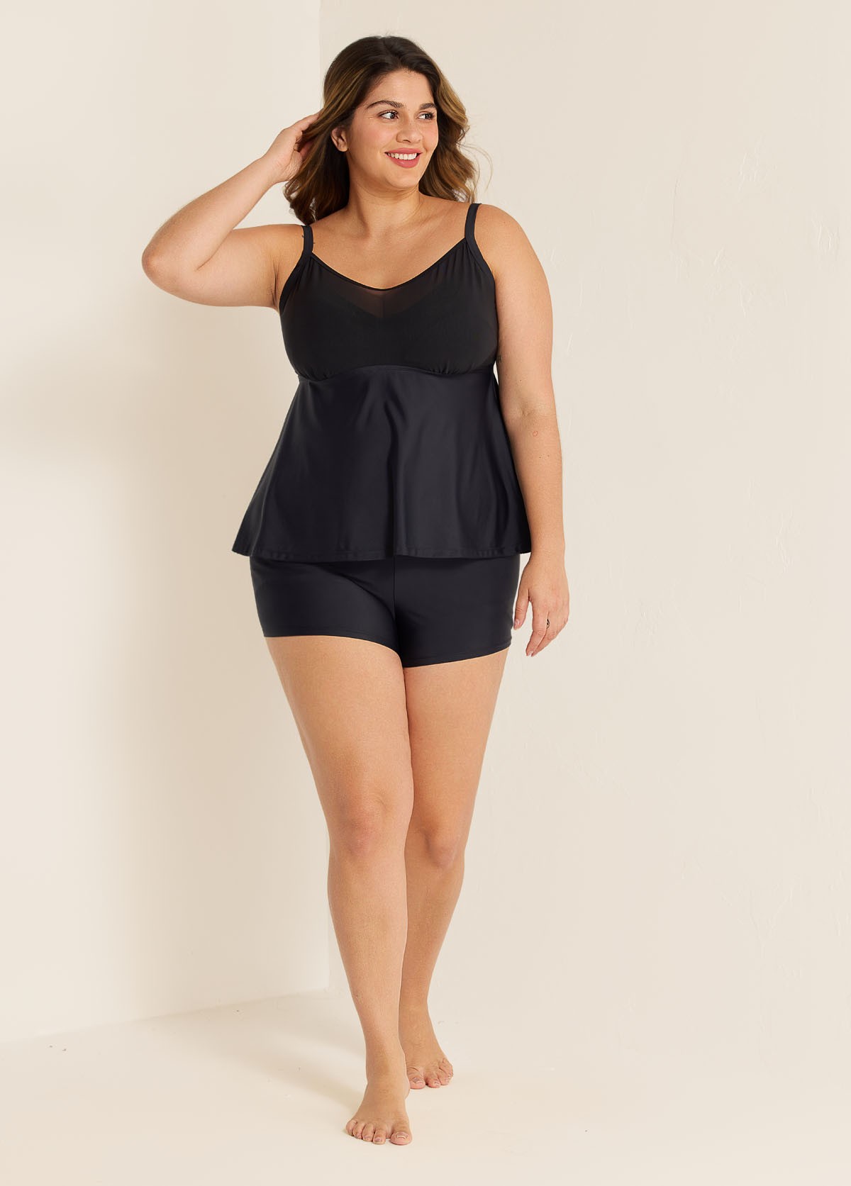 Black V-Neck Chest Mesh Plus Size Modest Fashion Tankini Swimsuit Top