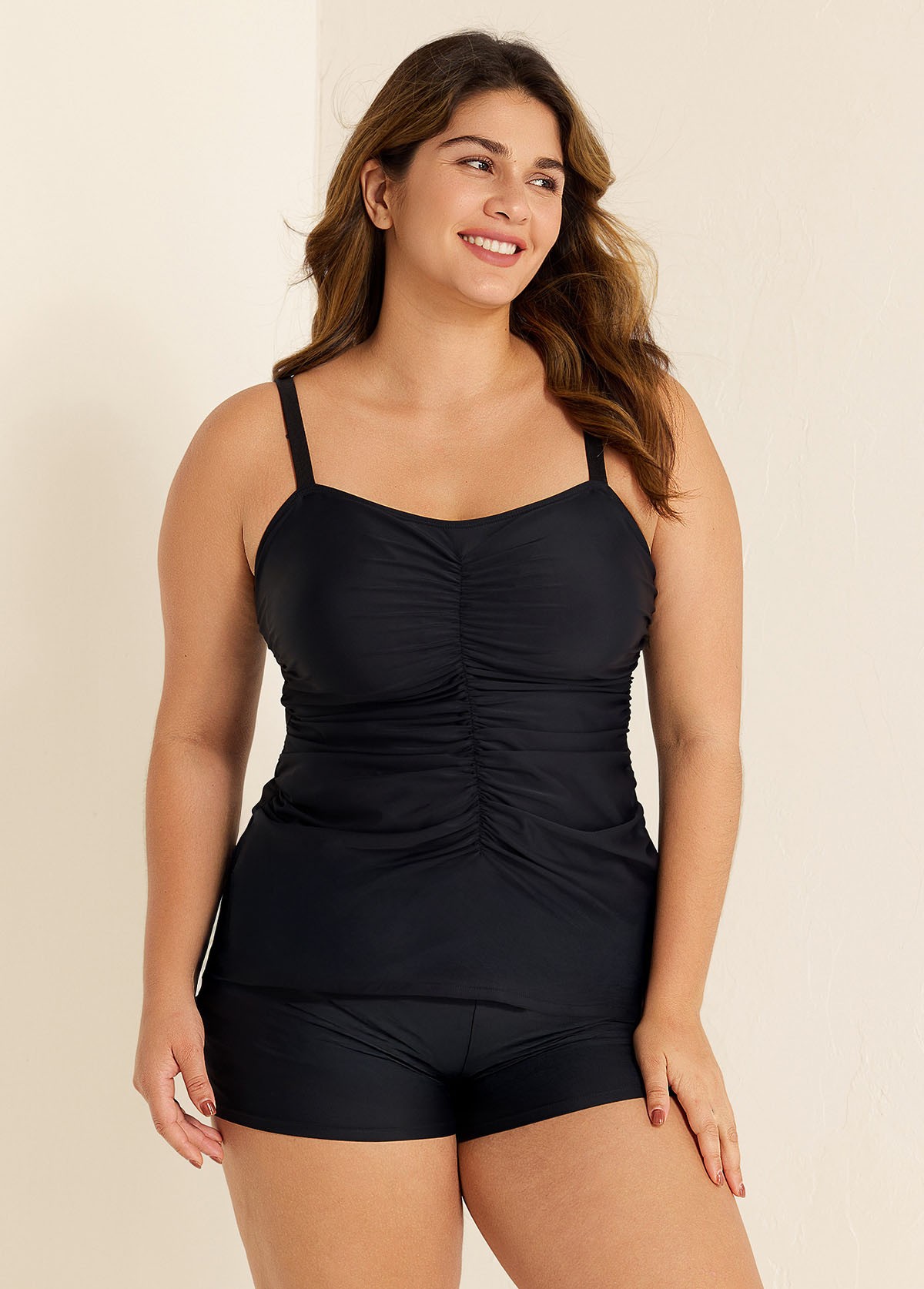 Black Plus Size Ruched Fashion Tankini Top