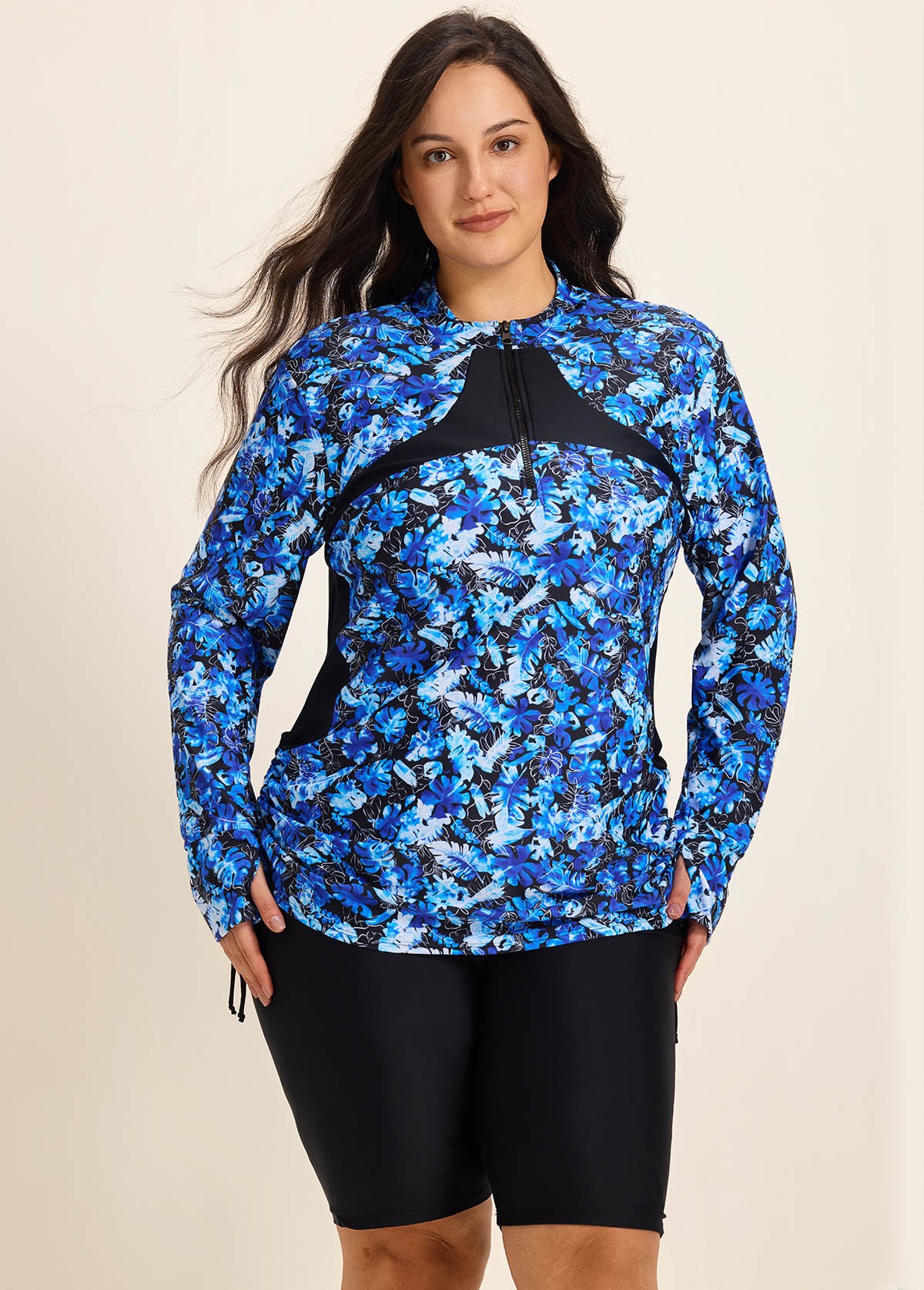 Curvy Blue Tropical Print High Neck Long Sleeves Zipper Drawstring Swim Uv Shirt Tankini Top