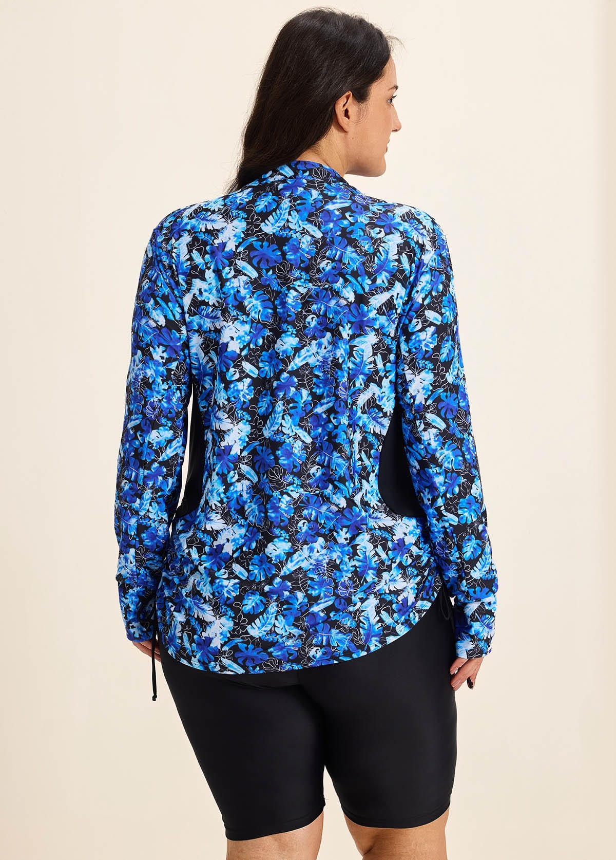 Curvy Blue Tropical Print High Neck Long Sleeves Zipper Drawstring Swim Uv Shirt Tankini Top
