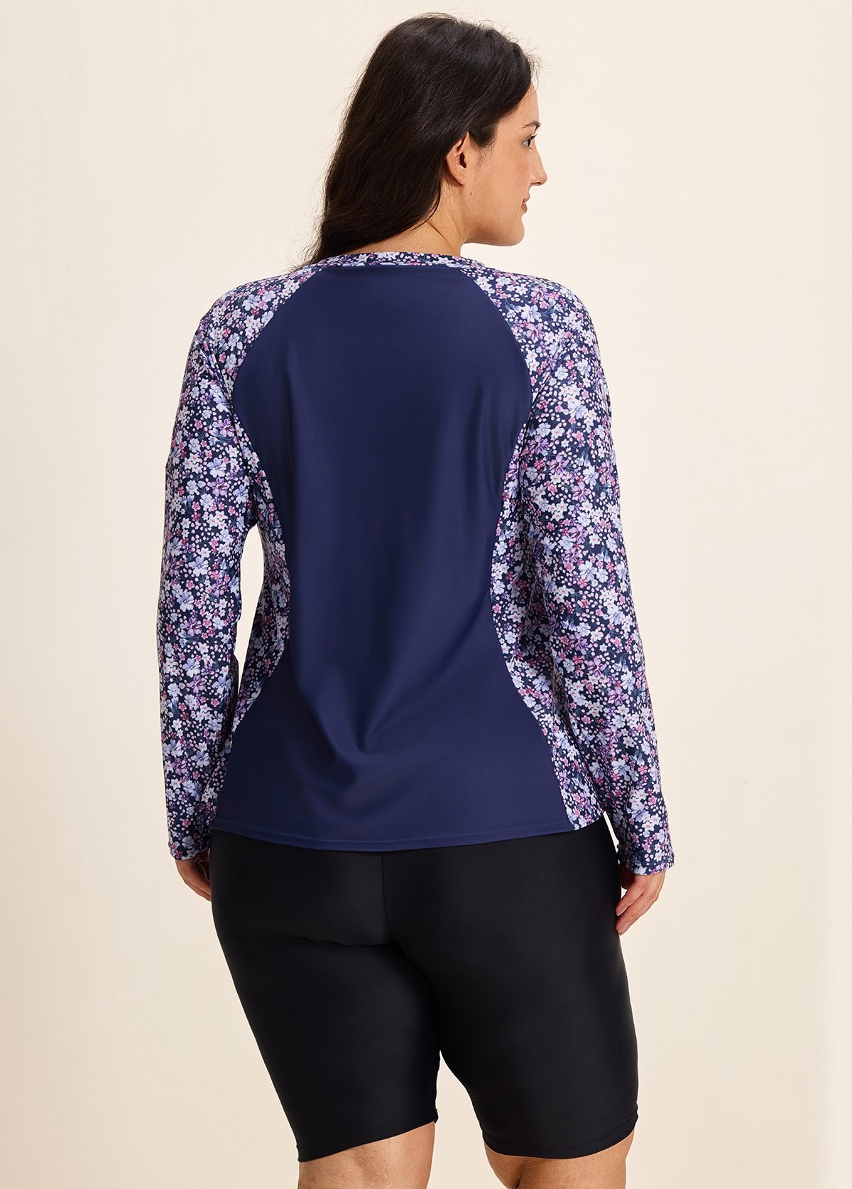 Purle Floral Print High Neck Upf50+ Long Sleeves Zipper Curvy Women's Swimsuit Shirt Tankini Top