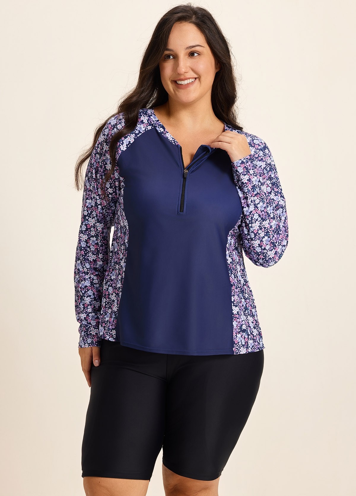 Purle Floral Print High Neck Upf50+ Long Sleeves Zipper Curvy Women's Swimsuit Shirt Tankini Top