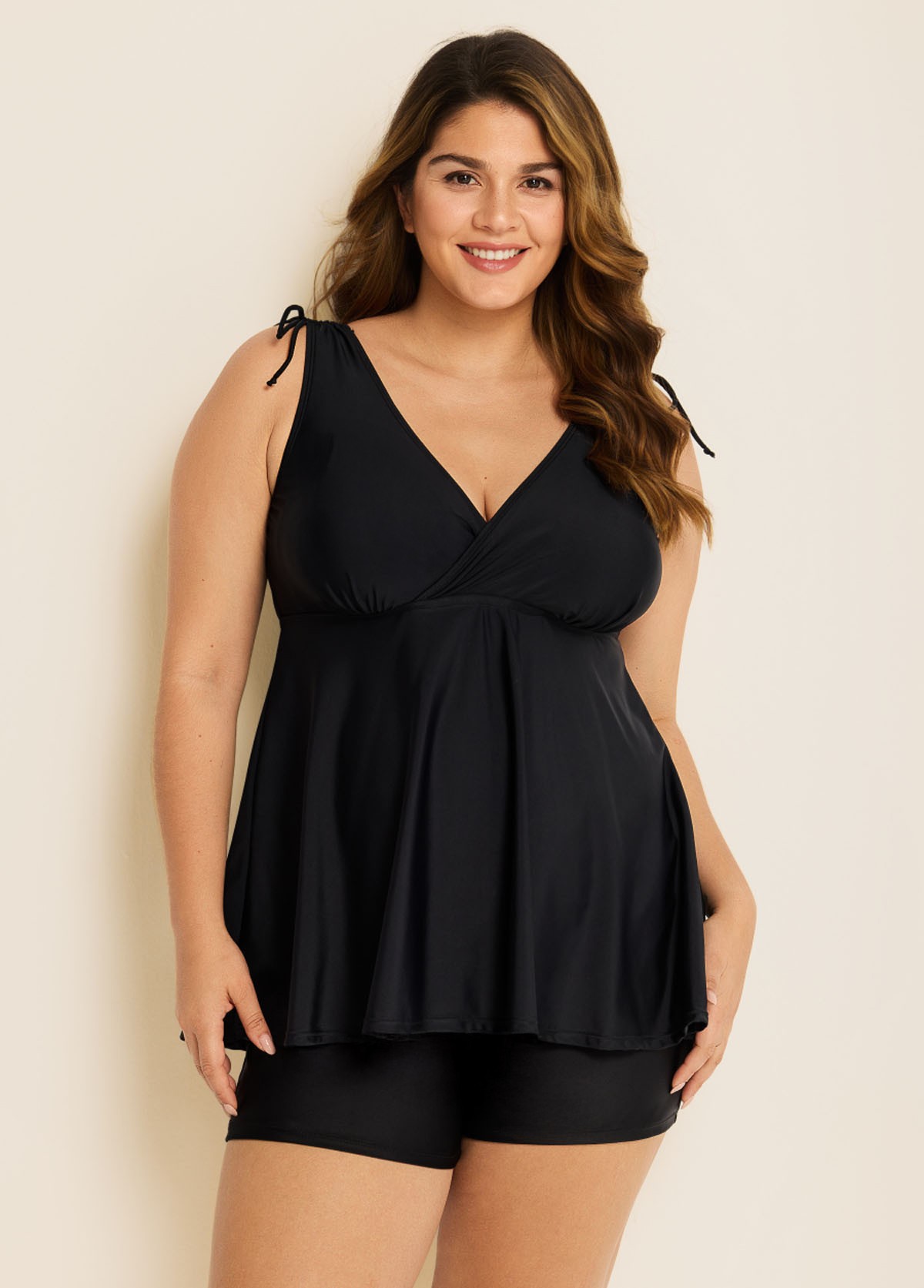 Black Wide Straps Wrap Curvy Two Piece Bathing Suits Tankini Top