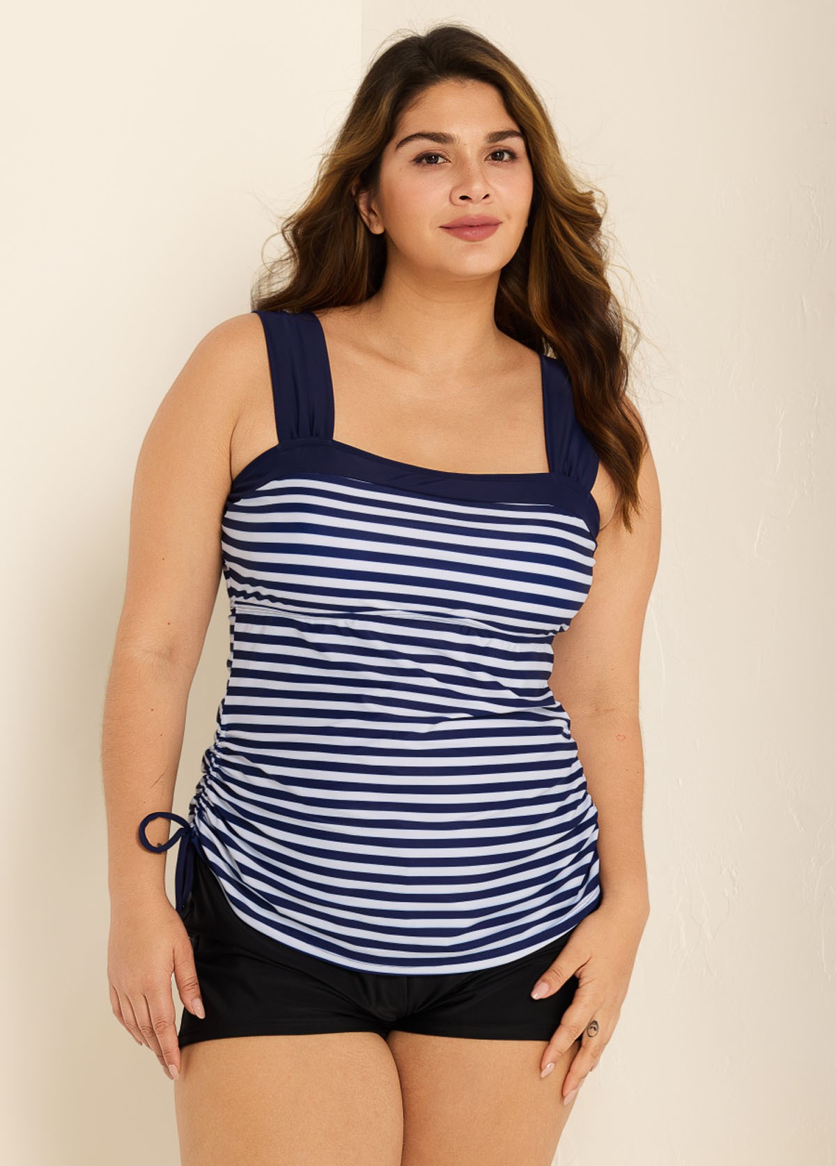 Navy Stripes Wide Straps Side Drawstring Two Piece Bathing Suits Tankini Top