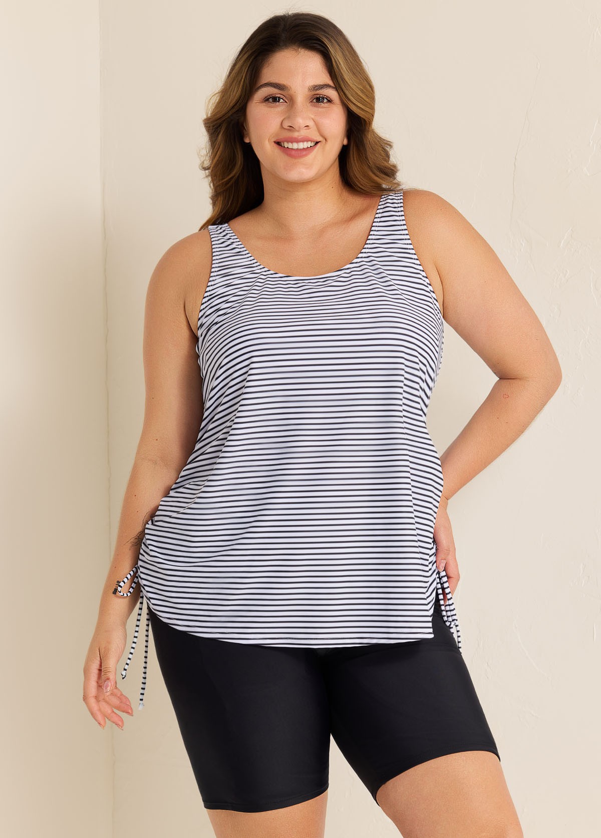 Curvy Black Stripe Drawstring Color Block Women'S Swimsuit Tankini Top