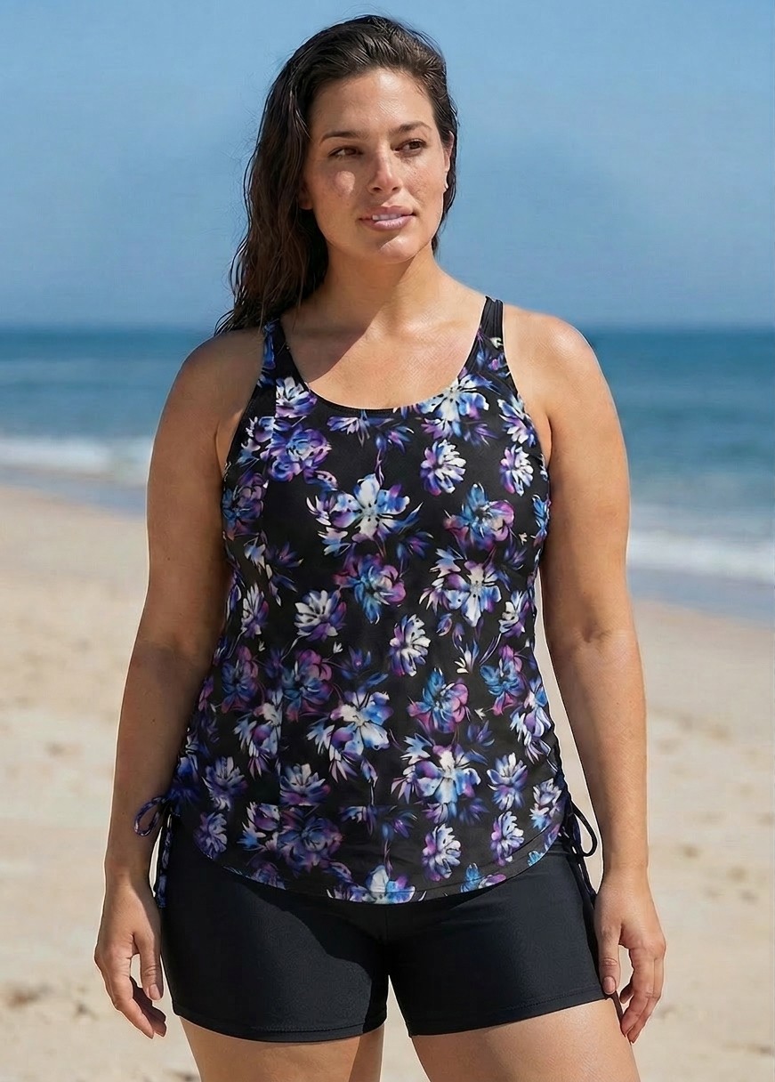 Plus Size Black Floral Scoop Neck Sleeveless Vintage Drawstring Women's Swimsuit Tankini Top