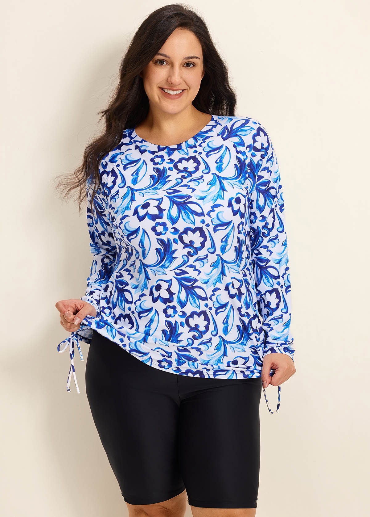 Curvy Blue And White Floral  Upf50+ Long Sleeves Side Drawstring Swimsuit Shirt Tankini Top