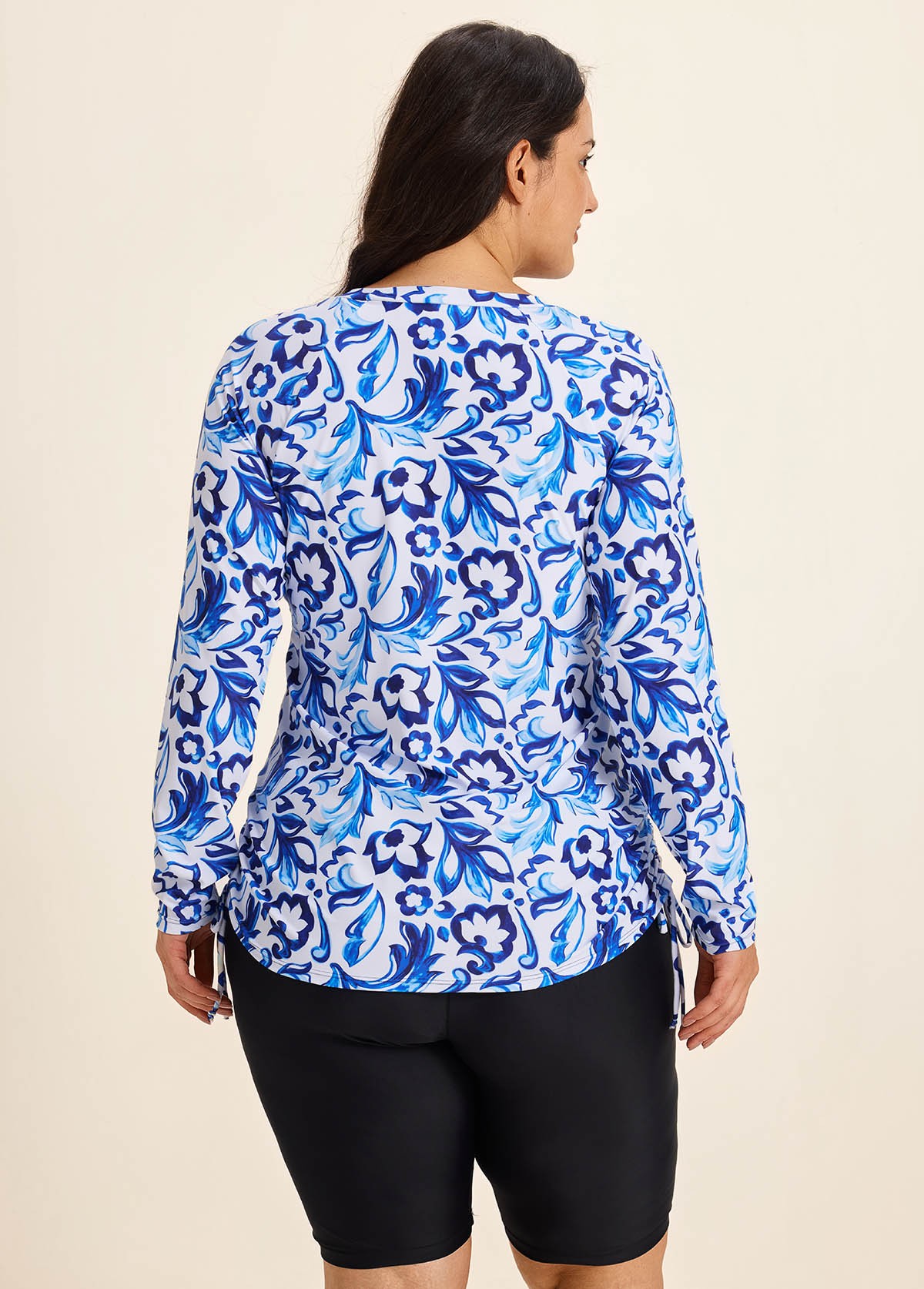 Curvy Blue And White Floral  Upf50+ Long Sleeves Side Drawstring Swimsuit Shirt Tankini Top