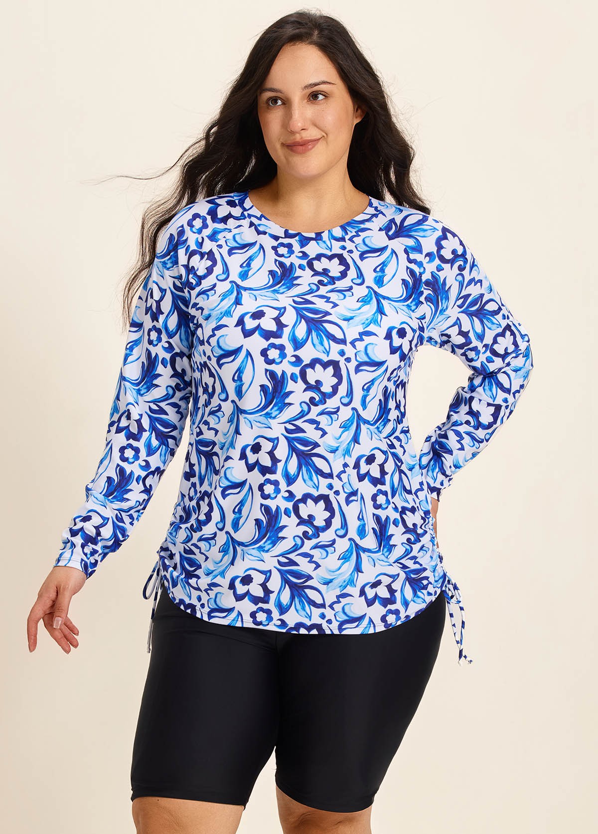 Curvy Blue And White Floral  Upf50+ Long Sleeves Side Drawstring Swimsuit Shirt Tankini Top