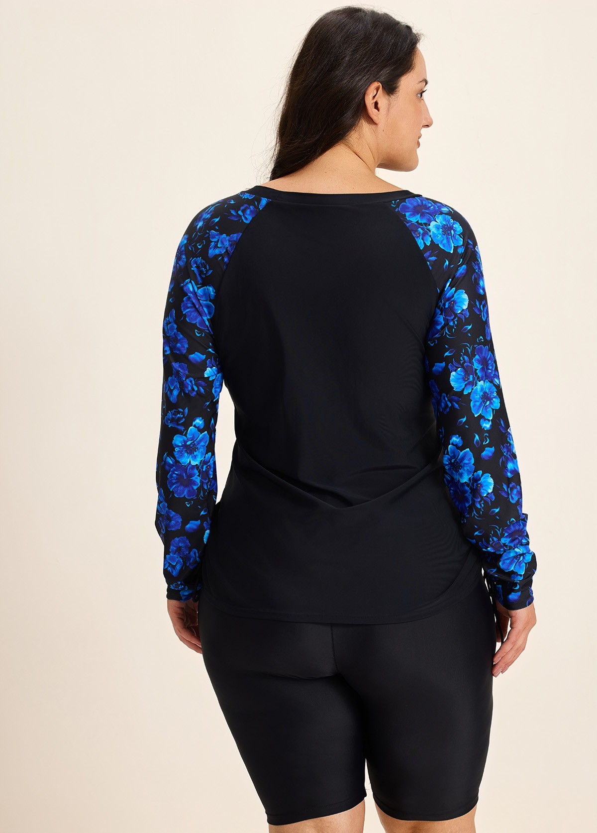 Blue Floral High Neck Upf50+ Long Sleeves Side Drawstring Plus Swimsuit Shirt Tankini Top