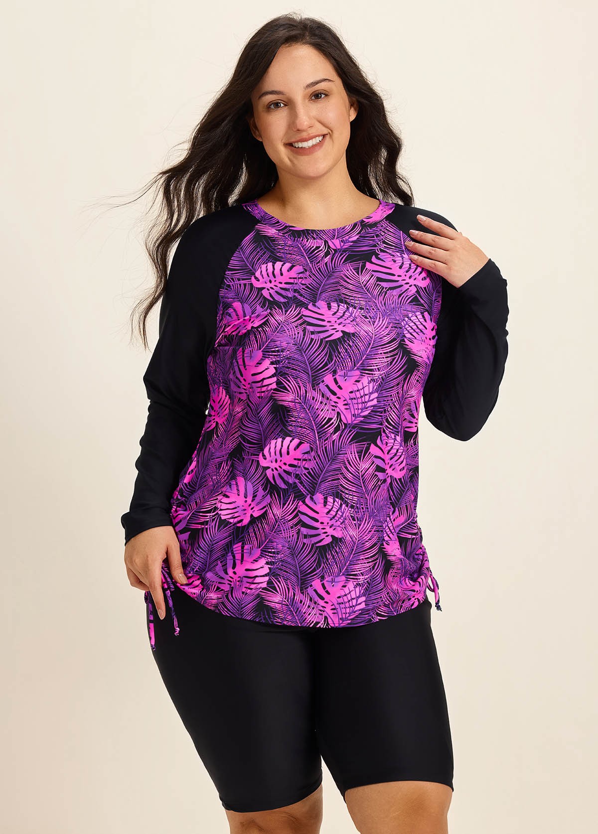 Purle Leaf High Neck Upf50+ Long Sleeves Side Drawstring Curvy Swimsuit Shirt Tankini Top