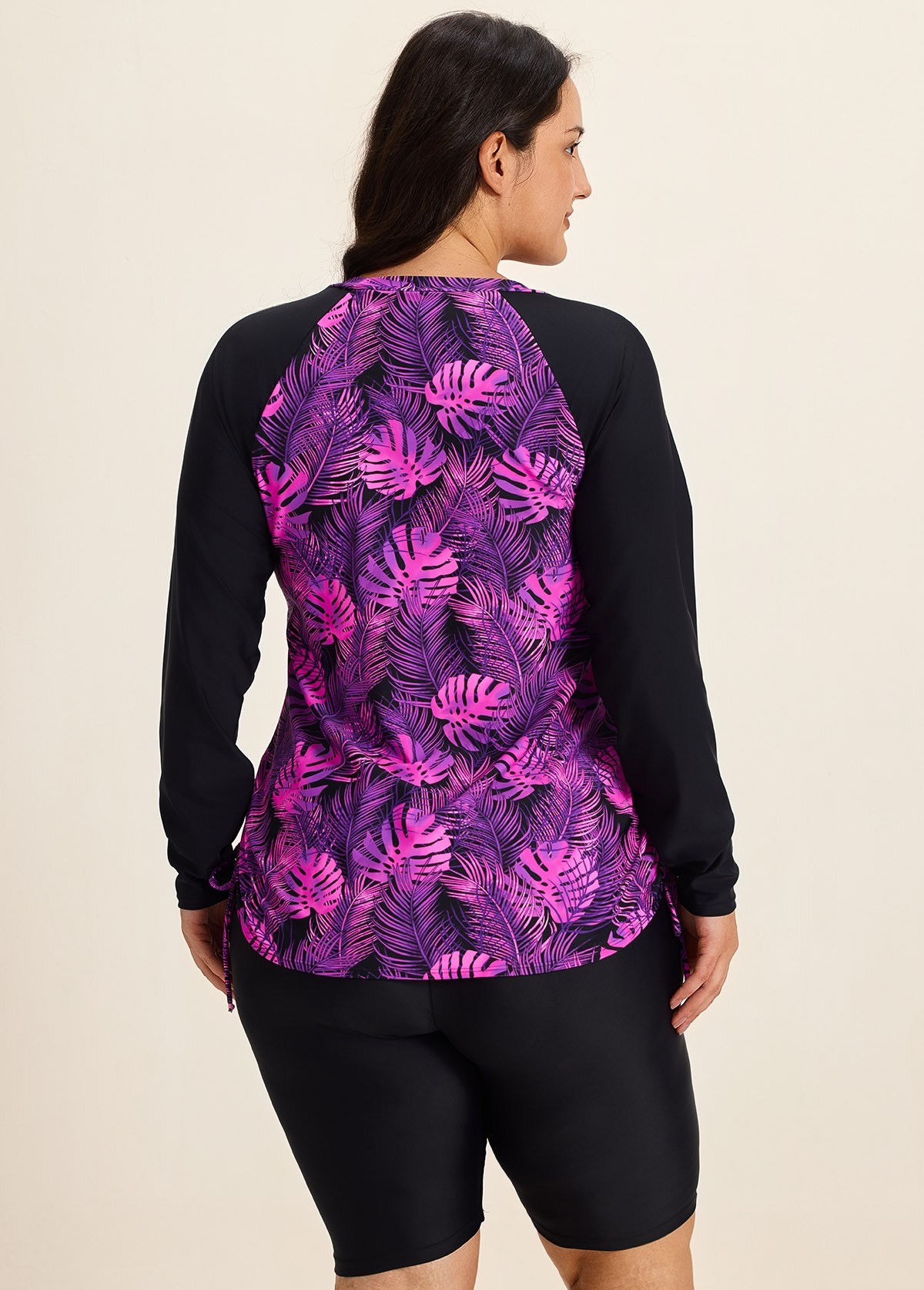 Purle Leaf High Neck Upf50+ Long Sleeves Side Drawstring Curvy Swimsuit Shirt Tankini Top