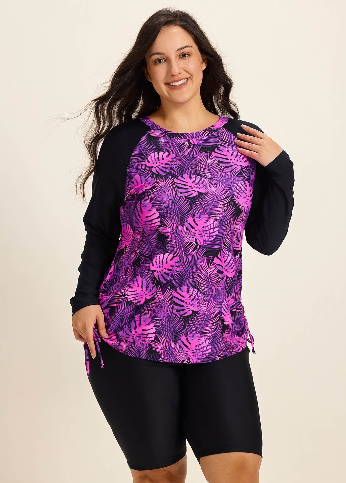 Purle Leaf High Neck Upf50+ Long Sleeves Side Drawstring Curvy Swimsuit Shirt Tankini Top