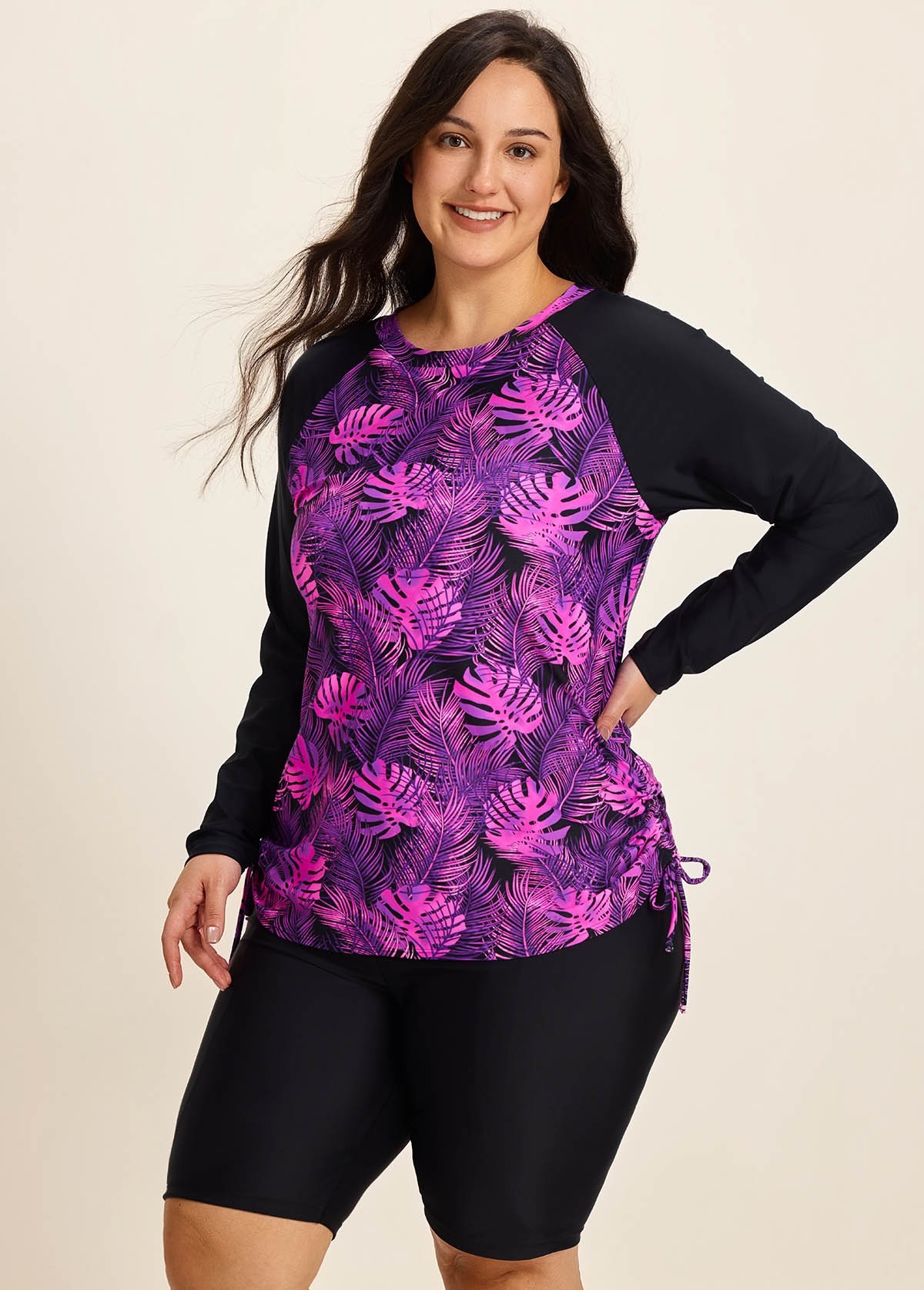 Purle Leaf High Neck Upf50+ Long Sleeves Side Drawstring Curvy Swimsuit Shirt Tankini Top