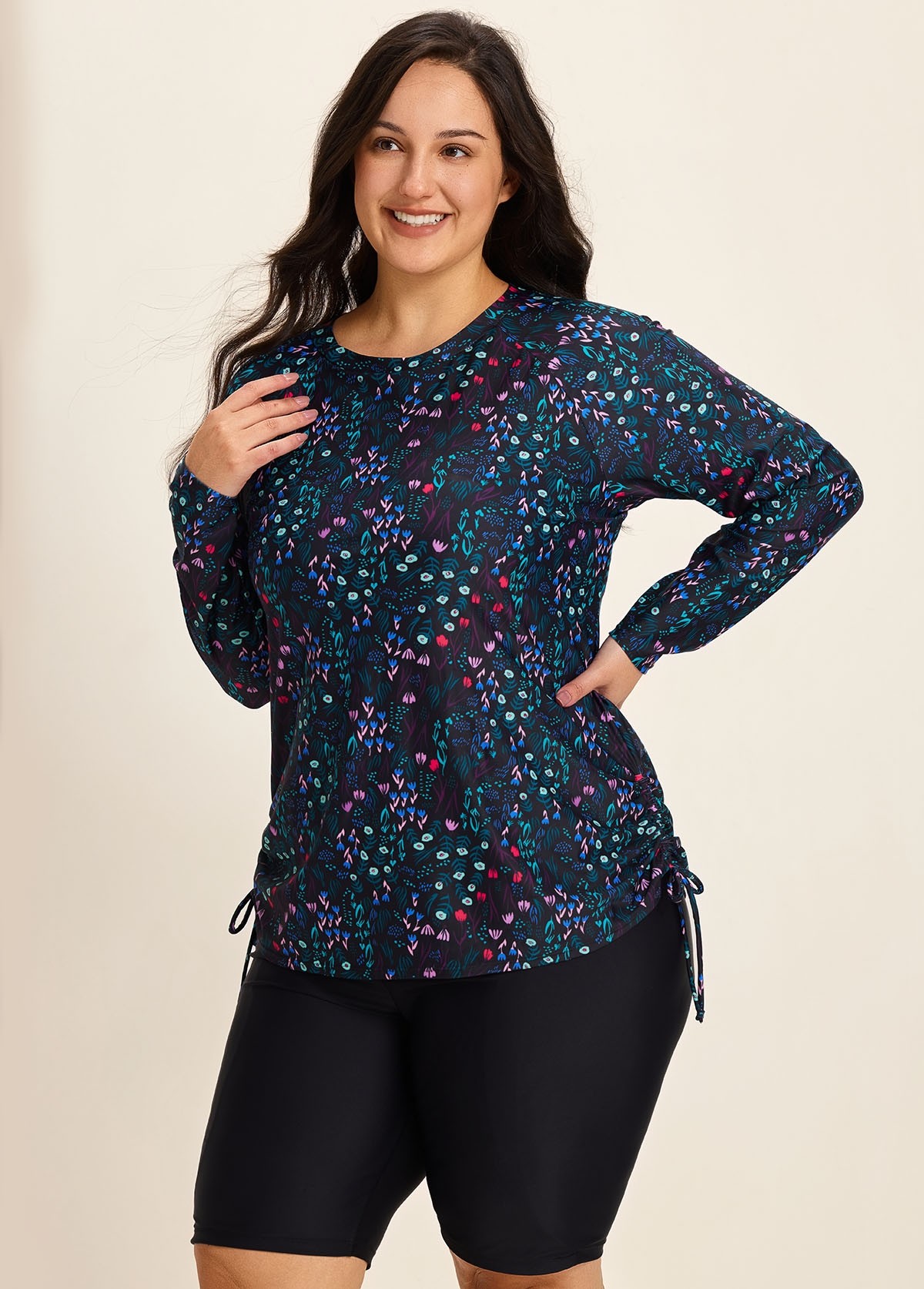 Plus Size BlackUpf 50+ Long Sleeves Drawstring Women's Swimsuit Rash Guards Tankini Top